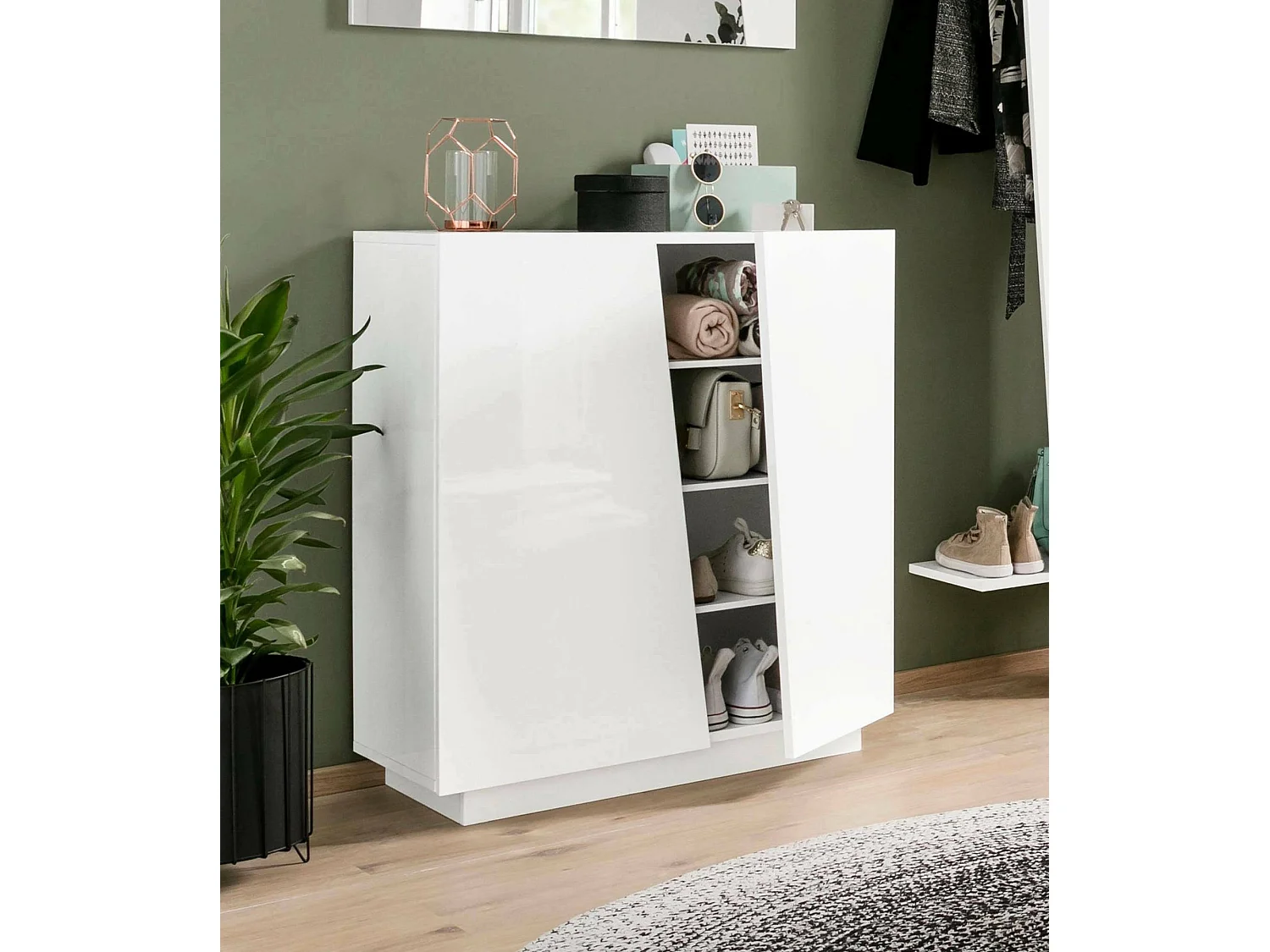Schuhregal Joel, Mehrzweckschrank mit 2 Türen, Schuhregal für den Eingangsbereich, 100 % Made in Italy, 80 x 38 x 86 cm, glänzend weiÃŸ,