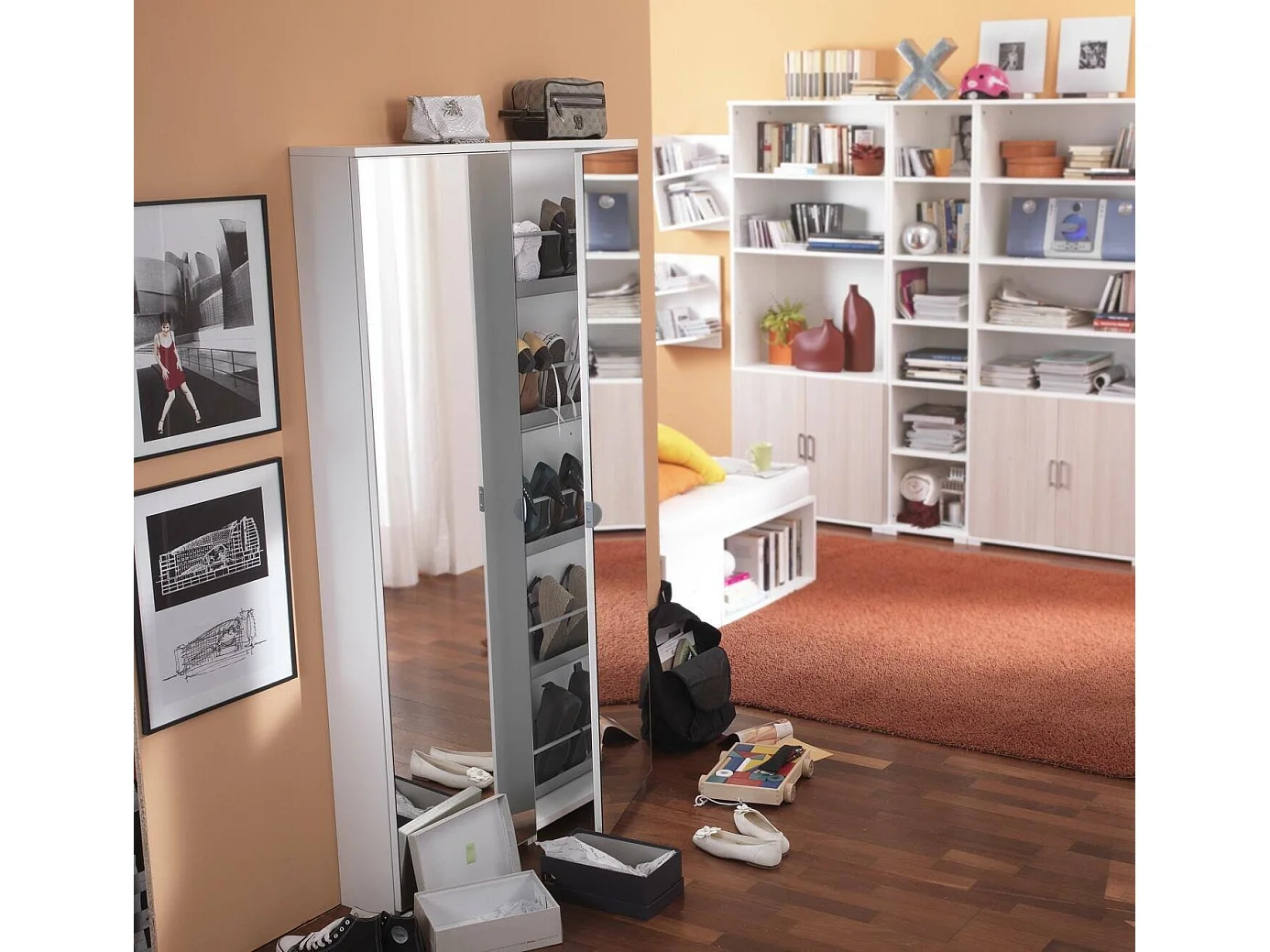 Ciclamino schoenenrek, Multifunctioneel entreemeubel met spiegeldeur, Moderne schoenenkast met 5 planken, 100% Made in Italy, 50x18h178 cm, Wit