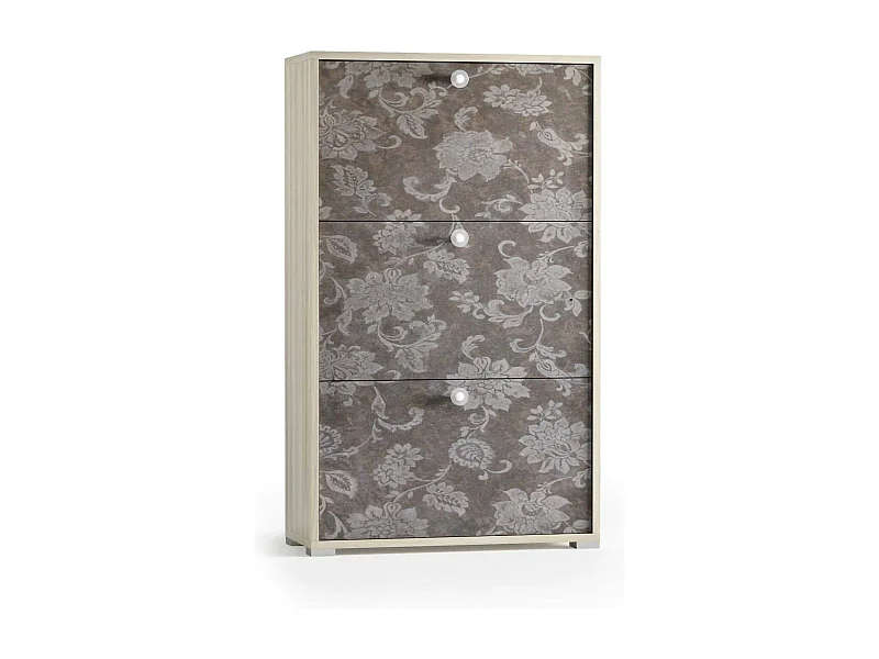 Sapateira Peonia, Móvel de entrada multiuso com 3 portas sanfonadas, Sapateira de dupla profundidade, 100% Fabricado na Itália, 67x28h112 cm, Olmo e estampado