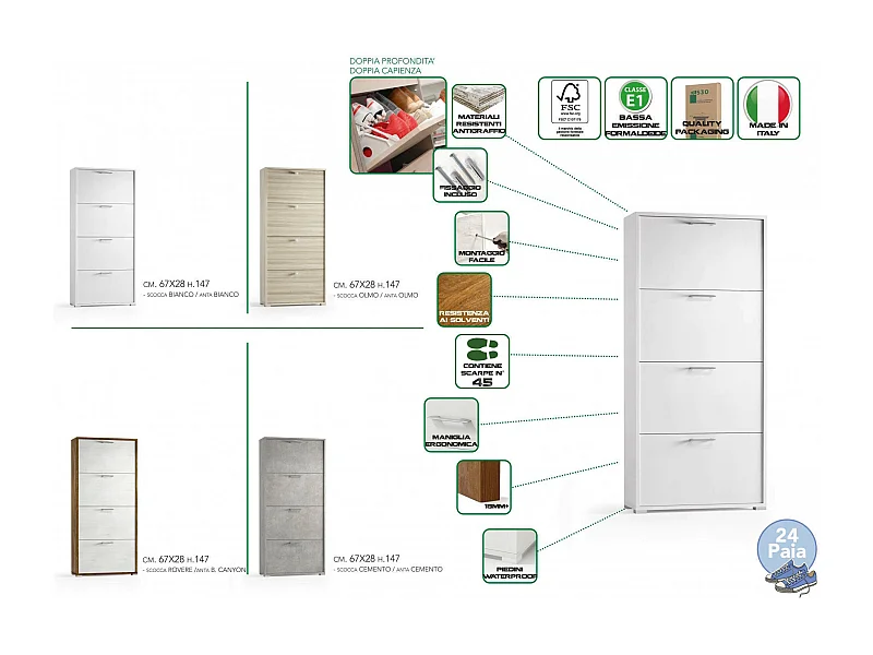 Roze Schoenenrek, Multifunctioneel entreemeubilair met 4 vouwdeuren, Schoenenkast met dubbele diepte, 100% Made in Italy, 67x28h147 cm, Cement