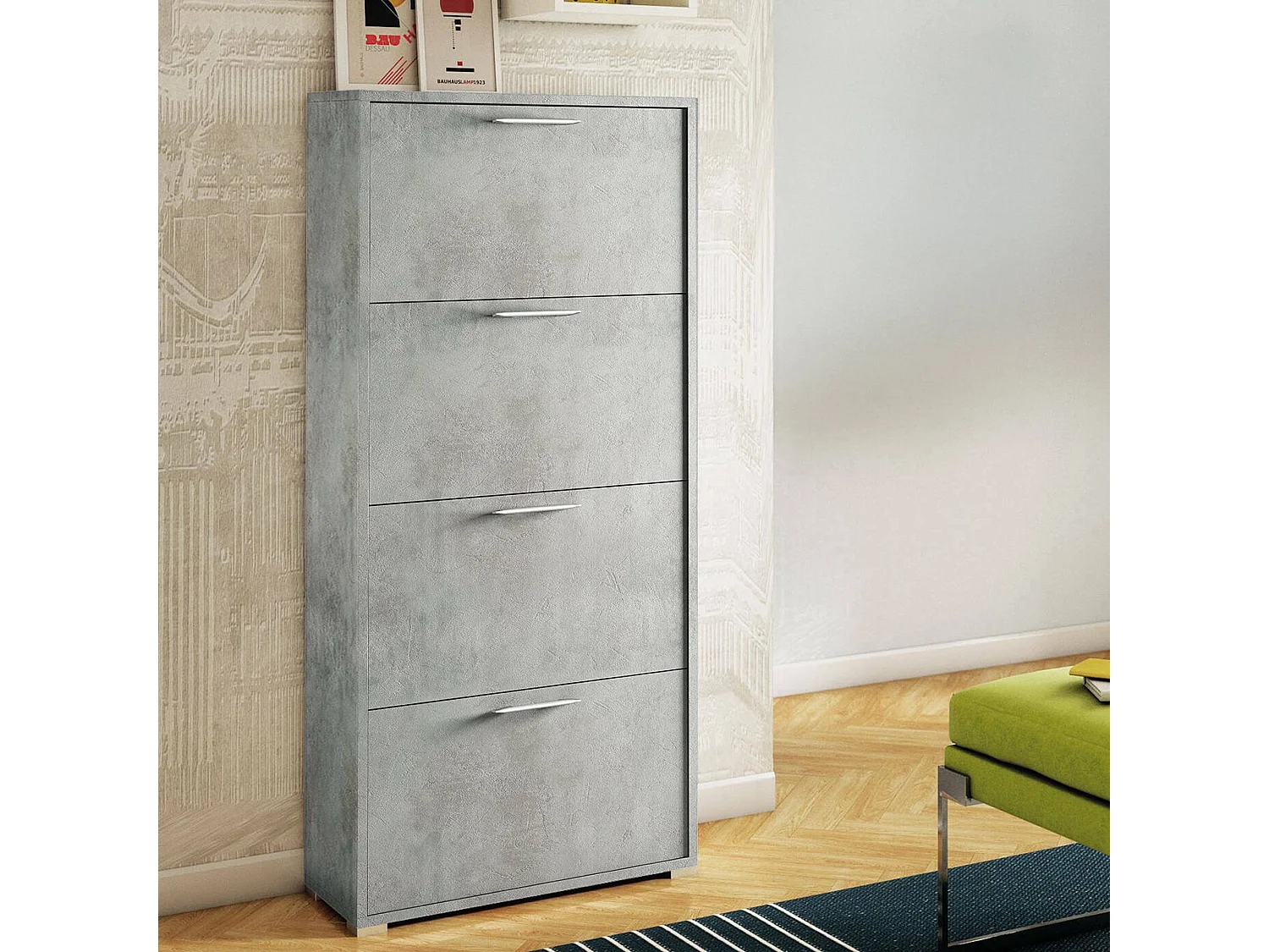 Sapateira Rosa, Móvel de entrada multiuso com 4 portas sanfonadas, Sapateira de dupla profundidade, 100% Fabricado na Itália, 67x28h147 cm, Cimento