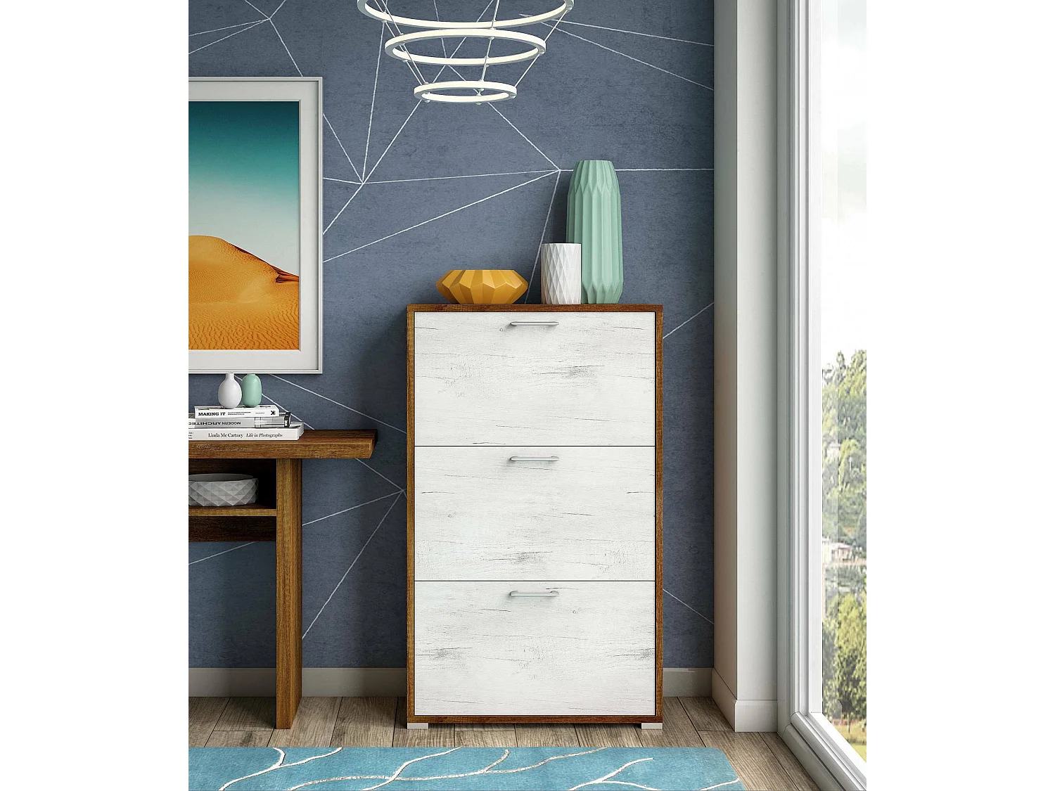 Etagere à chaussures Peonia, Meuble d'entrée polyvalent avec 3 portes pliantes, 67x28h112 cm, Blanc et Chêne