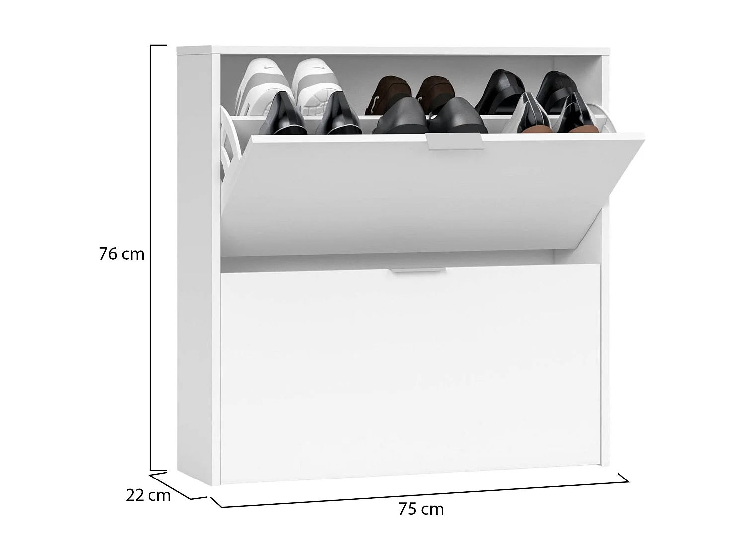 Étagère à chaussures Louisville, Armoire à chaussures avec 2 portes pliantes, Étagère à chaussures d'entrée basse, Armoire basse, 75x22h76 cm, Blanc