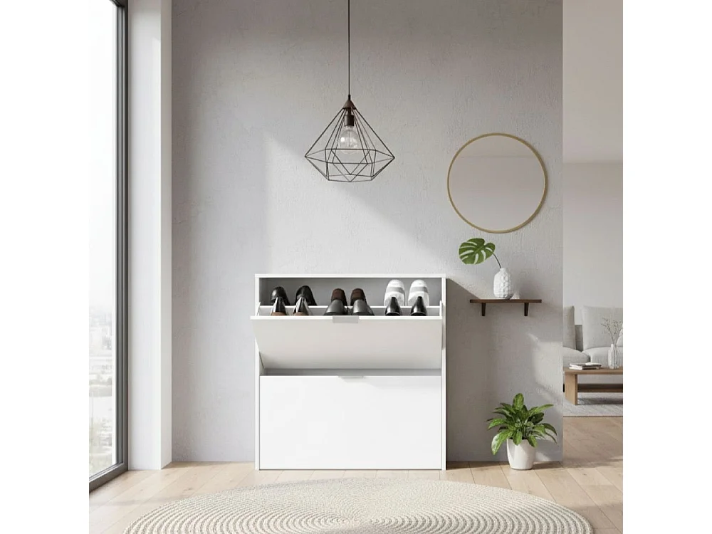 Étagère à chaussures Louisville, Armoire à chaussures avec 2 portes pliantes, Étagère à chaussures d'entrée basse, Armoire basse, 75x22h76 cm, Blanc