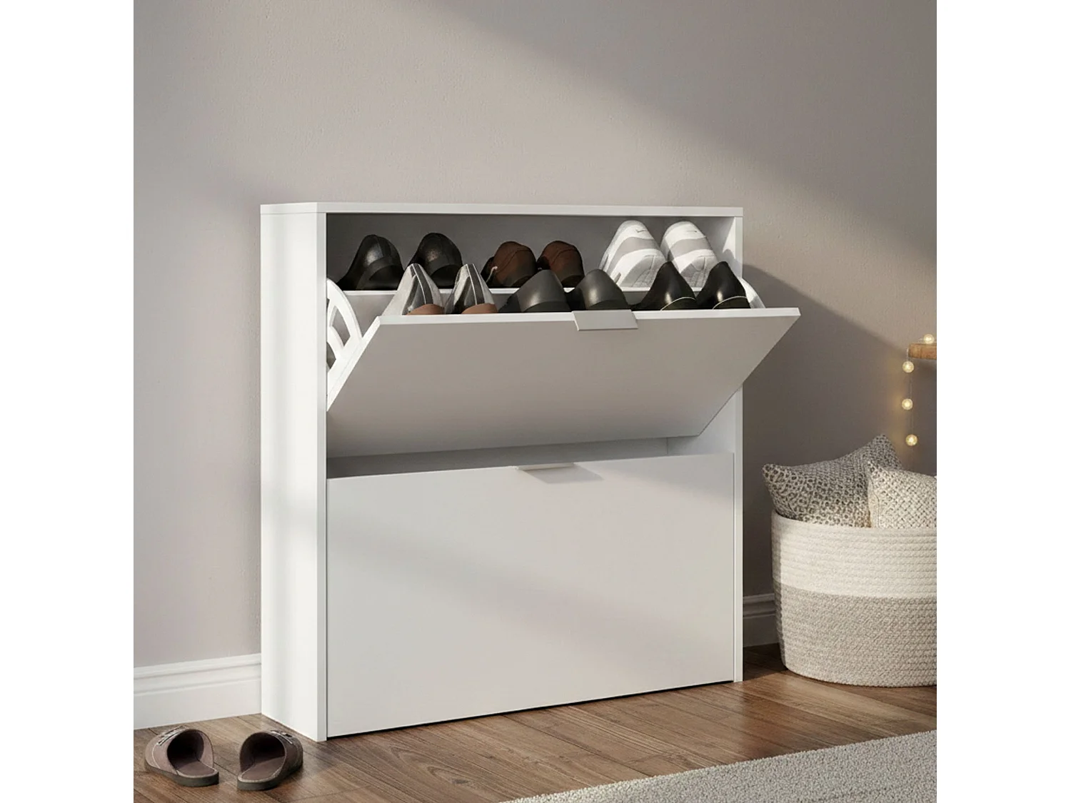Scarpiera Louisville, Armadio portascarpe a 2 ante a ribalta, Scarpiera bassa da ingresso, Mobile basso, 75x22h76 cm, Bianco