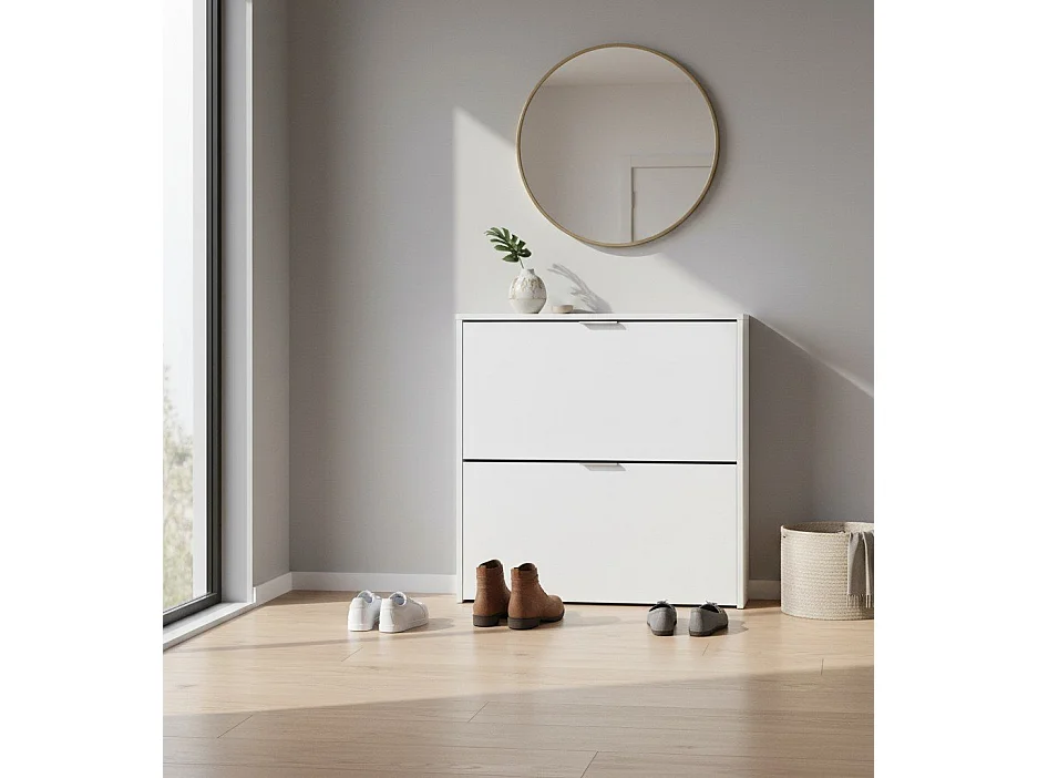 Scarpiera Louisville, Armadio portascarpe a 2 ante a ribalta, Scarpiera bassa da ingresso, Mobile basso, 75x22h76 cm, Bianco