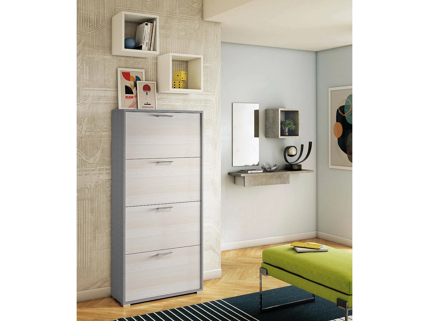 Étagère à chaussures rose, Meuble d'entrée polyvalent avec 4 portes pliantes, Meuble à chaussures double profondeur, 100% Made in Italy, 67x28h147 cm, Mélèze