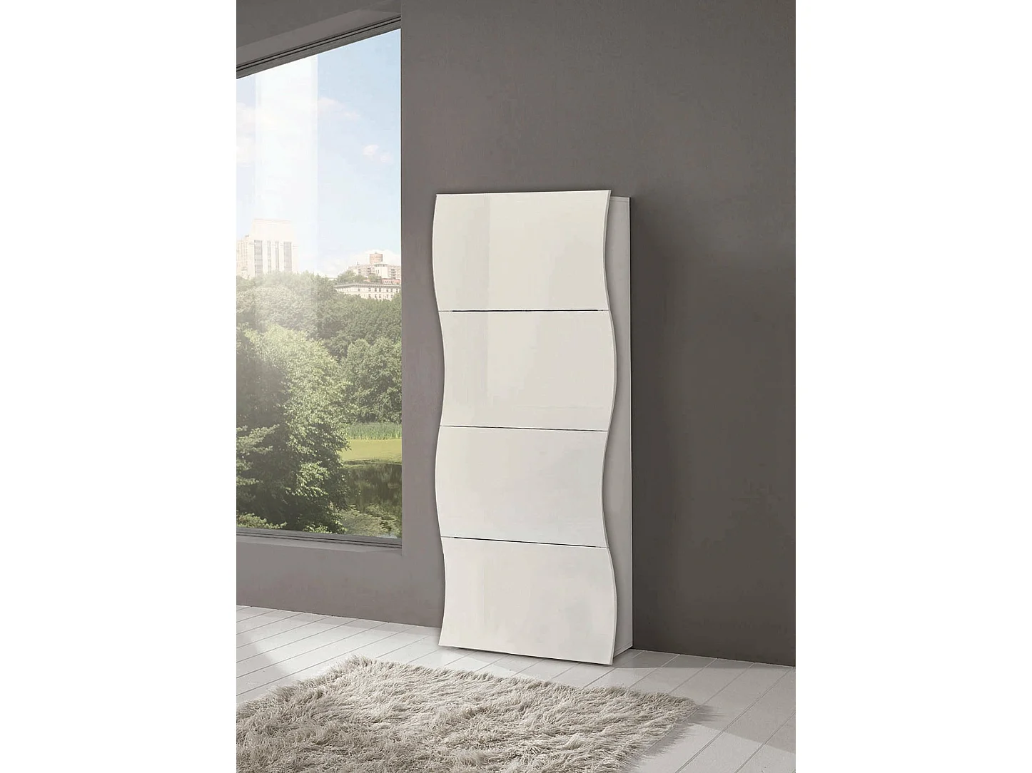 Étagère à chaussures Francesco, Armoire polyvalente avec 4 portes, Étagère à chaussures d'entrée, 100% Made in Italy, 71x27h162 cm, Blanc brillant