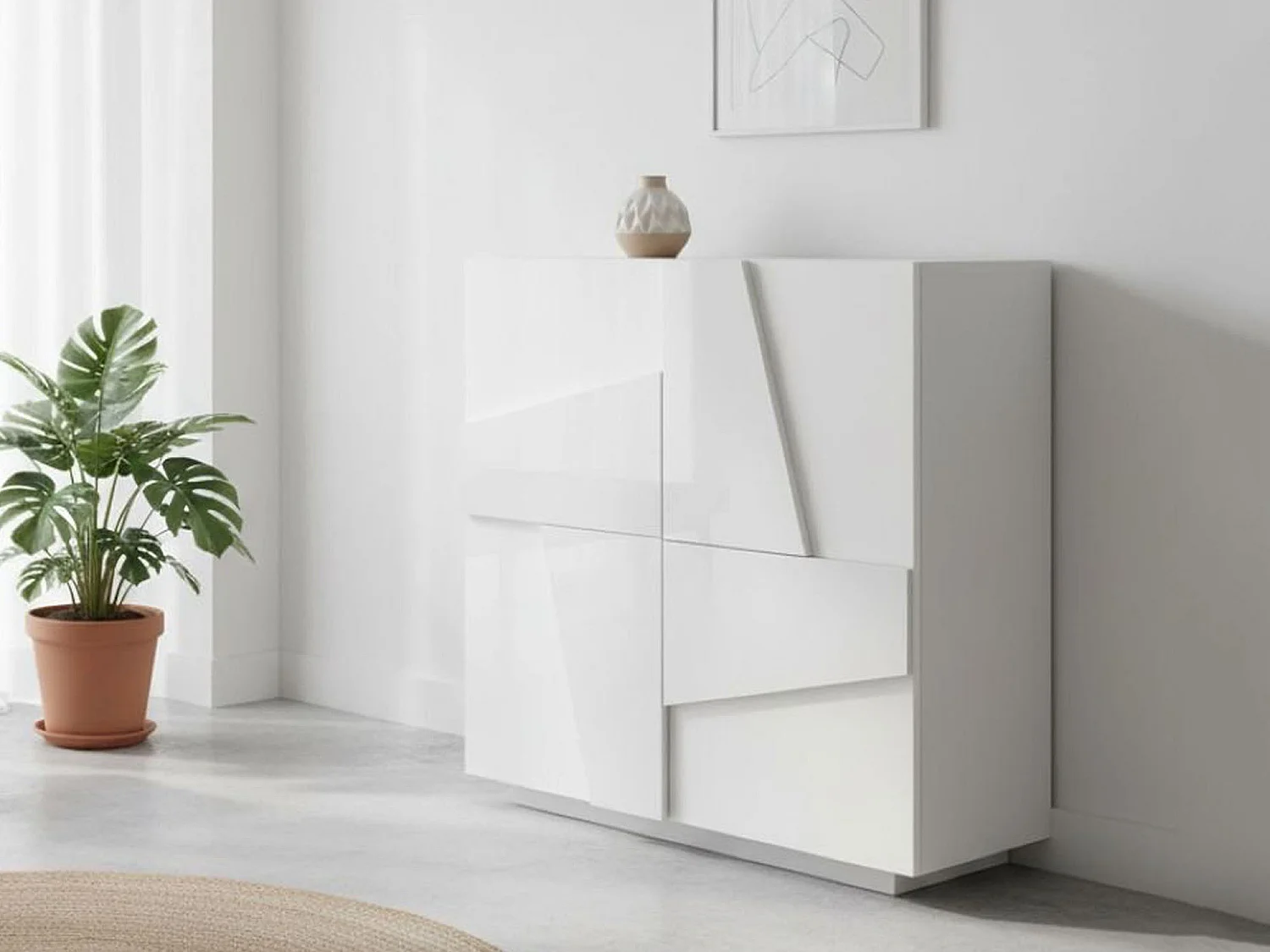 Étagère à chaussures Joel, Armoire polyvalente avec 2 portes, Étagère à chaussures d'entrée, 100% Made in Italy, 81x38h86 cm, Blanc brillant avec détail