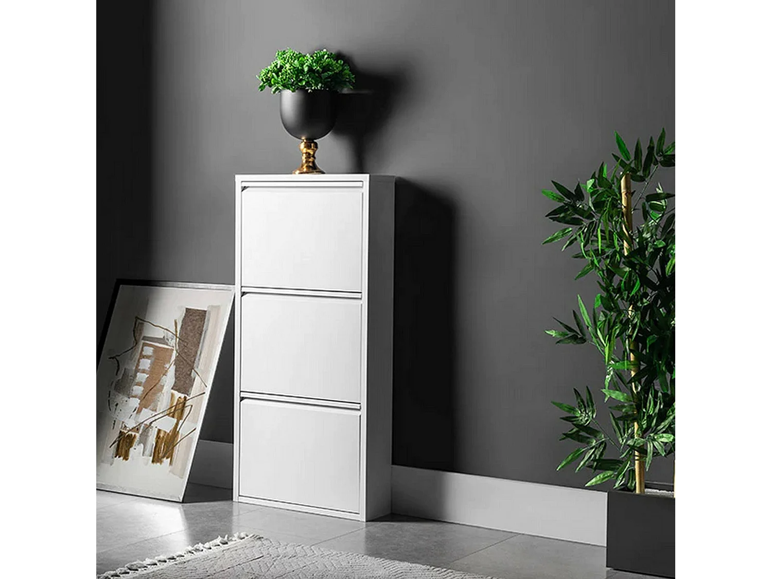 Meuble à chaussures Alginet, Étagère à chaussures peu encombrante, Étagère à chaussures d'entrée, Étagère à chaussures en métal 3 portes, 50x15h103 cm, Blanc