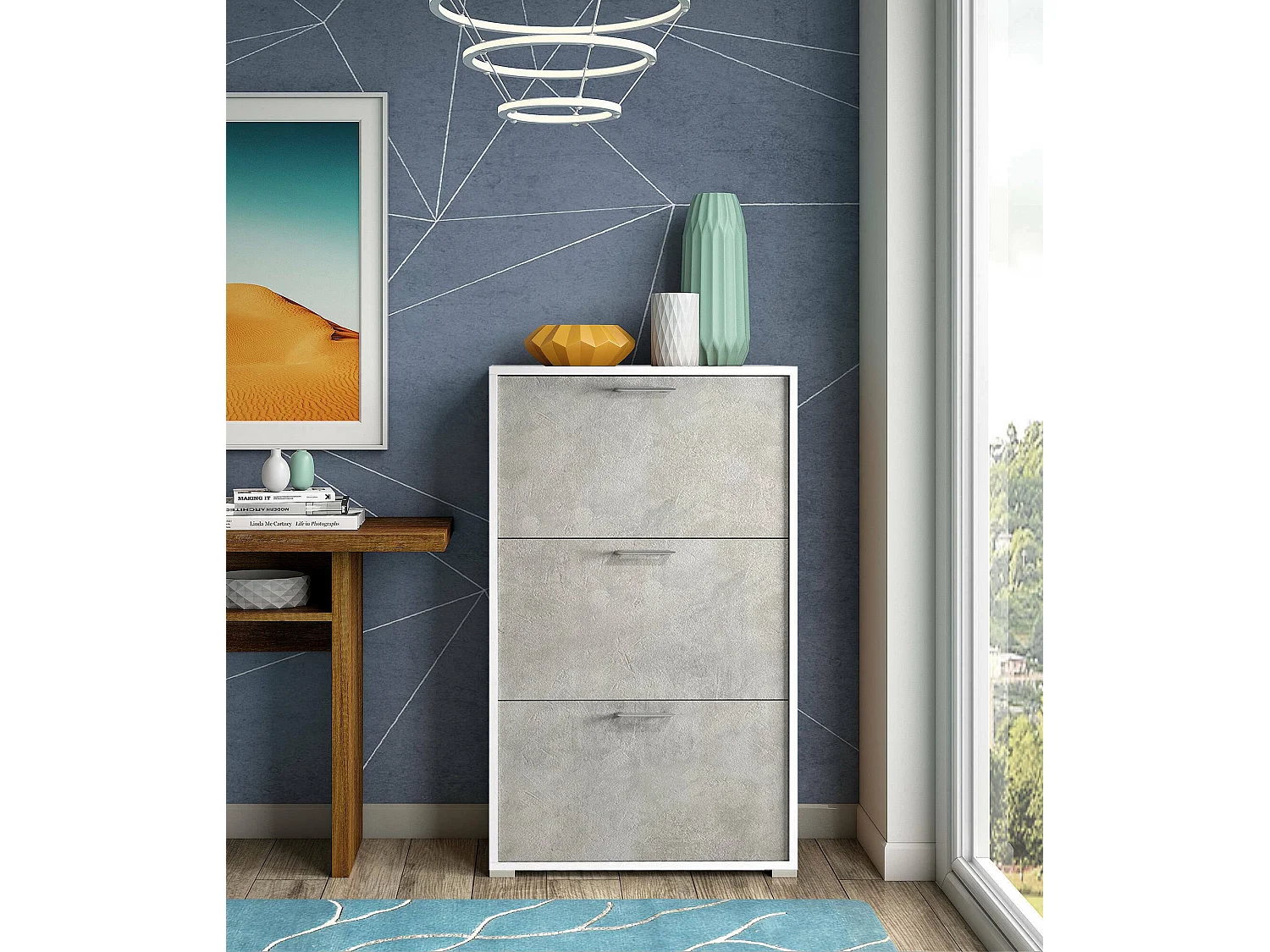 Étagère à chaussures Iris, meuble d'entrée polyvalent avec 3 portes pliantes, meuble à chaussures moderne, 100% Made in Italy, 67x18h112 cm, Blanc et Ciment