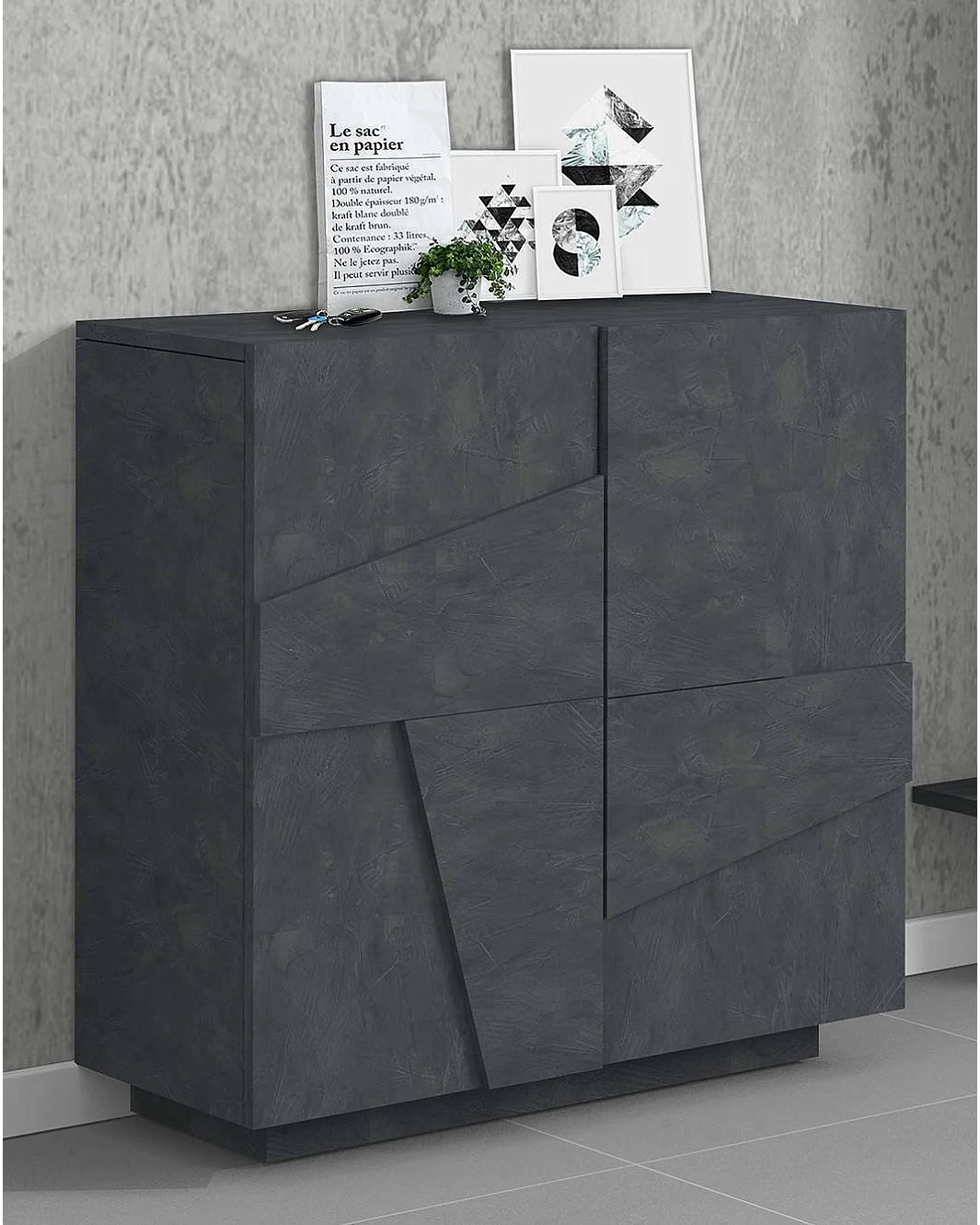 Étagère à chaussures Joel, Armoire polyvalente avec 2 portes, Étagère à chaussures d'entrée, 100% Made in Italy, 81x38h86 cm, Ardoise avec détail