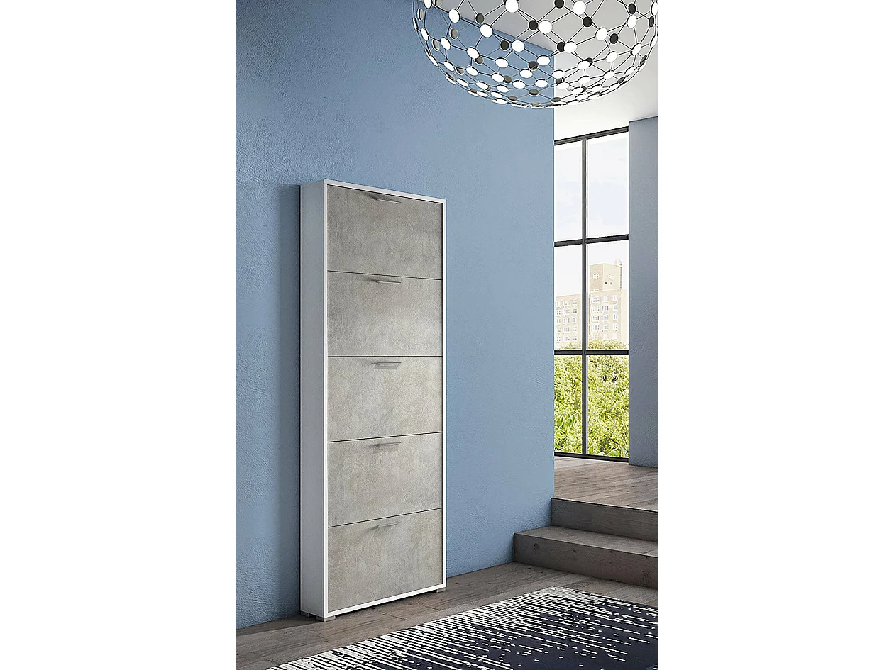 Schuhregal Margherita, Mehrzweck-Eingangsmöbel mit 5 Falttüren, moderner Schuhschrank, 100 % Made in Italy, 67 x 18 x 184 cm, Zement und Weiß,