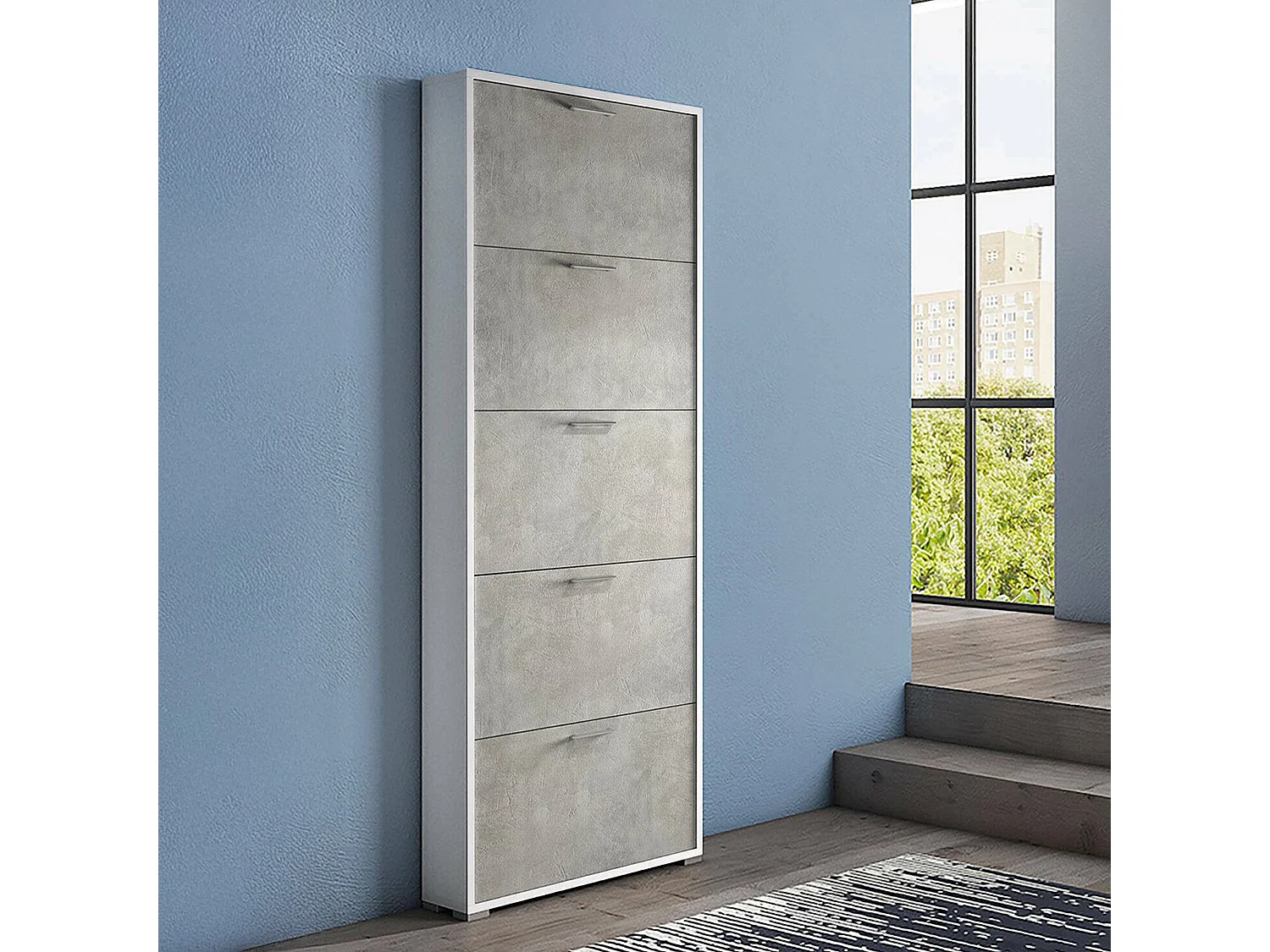 Étagère à chaussures Margherita, meuble d'entrée polyvalent avec 5 portes pliantes, meuble à chaussures moderne, 100% Made in Italy, 67x18h184 cm, Ciment et Blanc