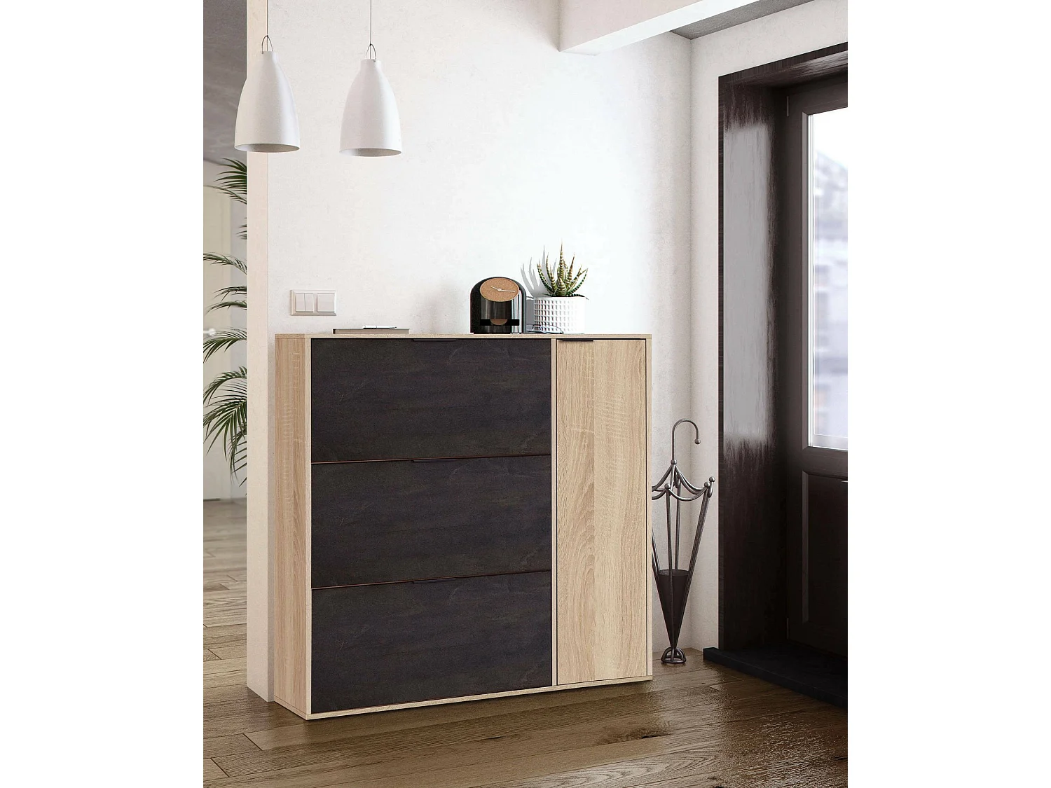 Étagère à chaussures Provo, armoire à chaussures 4 portes, armoire basse polyvalente avec 5 étagères, étagère à chaussures moderne, 106x22h115 cm, chêne et noir