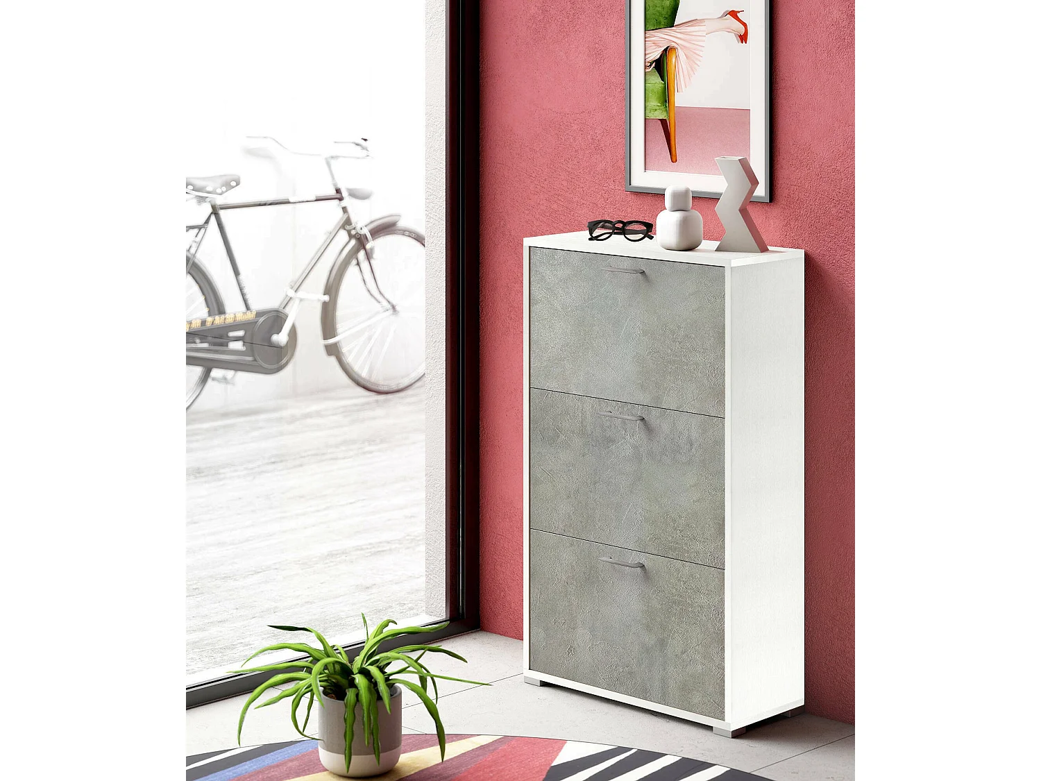 Scarpiera Peonia, Mobile multiuso da ingresso con 3 ante a ribalta, Armadietto portascarpe a doppia profondità, 100% Made in Italy, 67x28h112 cm, Bianco e Cemento