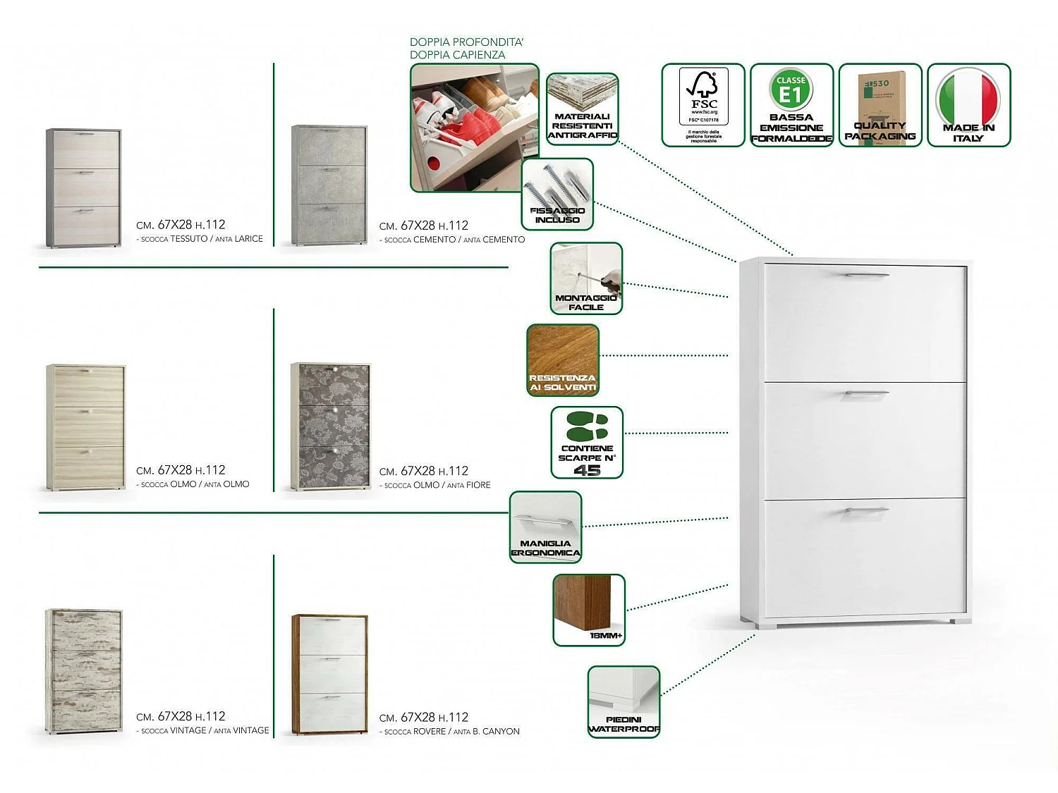 Schuhregal Peonia, Mehrzweck-Eingangsmöbel mit 3 Falttüren, Schuhschrank mit doppelter Tiefe, 100 % Made in Italy, 67 x 28 x 112 cm, WeiÃŸ und Zement,