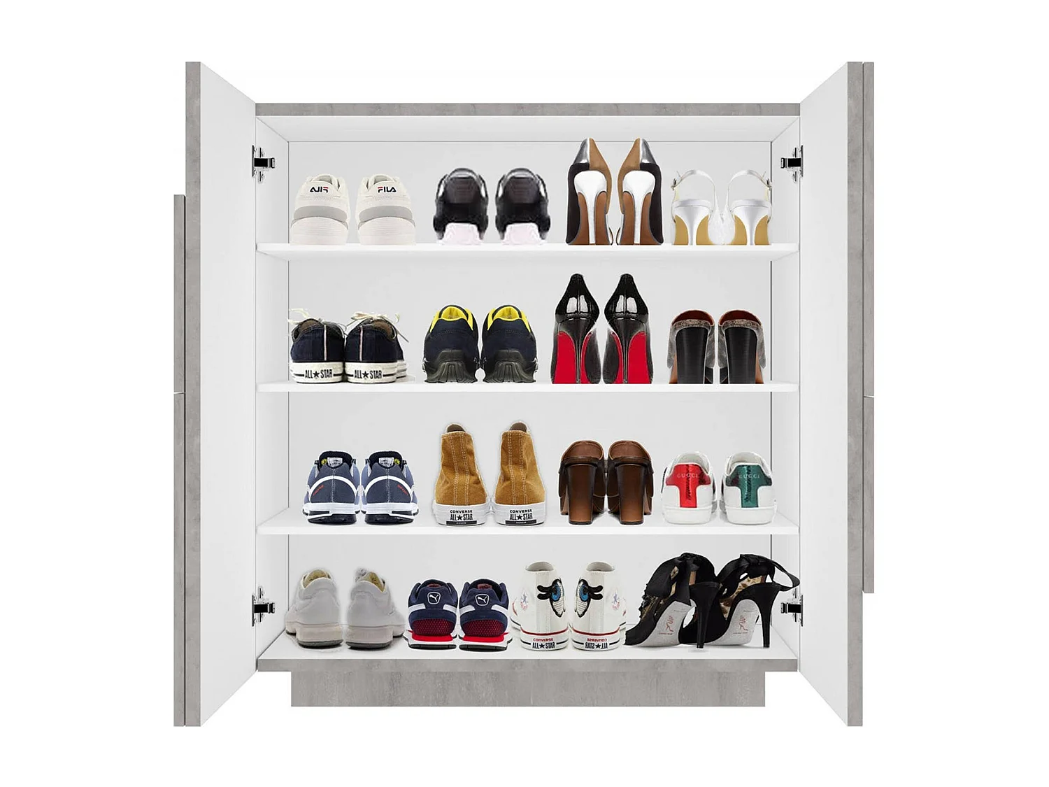 Étagère à chaussures Joel, Armoire polyvalente avec 2 portes, Étagère à chaussures d'entrée, 100% Made in Italy, 81x38h86 cm, Ciment avec détail