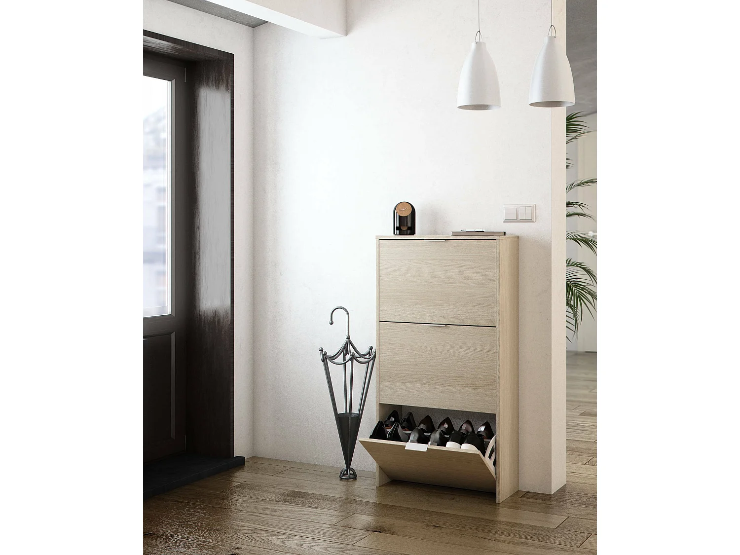 Escondido schoenenrek, Schoenenkast met 3 vouwdeuren, Kast met dubbele capaciteit voor maximaal 18 paar schoenen, 70x17h180 cm, Eiken