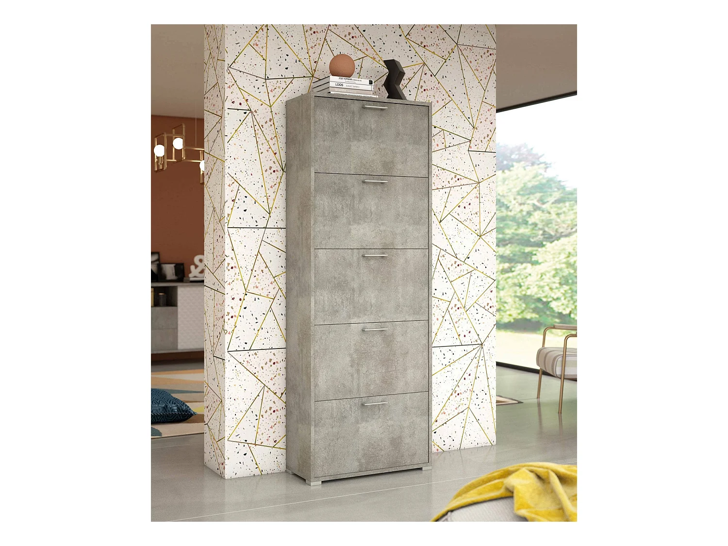 Étagère à chaussures Surfinia, Meuble d'entrée polyvalent avec 5 portes pliantes, Meuble à chaussures double profondeur, 100% Made in Italy, 67x28h183 cm, Ciment