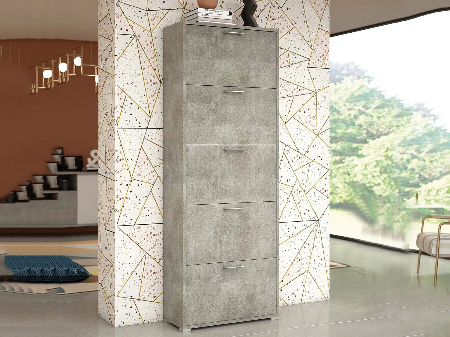 Étagère à chaussures Surfinia, Meuble d'entrée polyvalent avec 5 portes pliantes, Meuble à chaussures double profondeur, 100% Made in Italy, 67x28h183 cm, Ciment