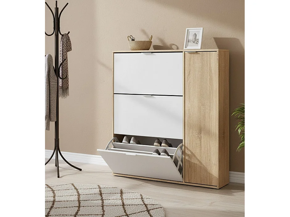 Étagère à chaussures Provo, armoire à chaussures 4 portes, armoire basse polyvalente avec 5 étagères, étagère à chaussures moderne, 106x22h115 cm, chêne et blanc