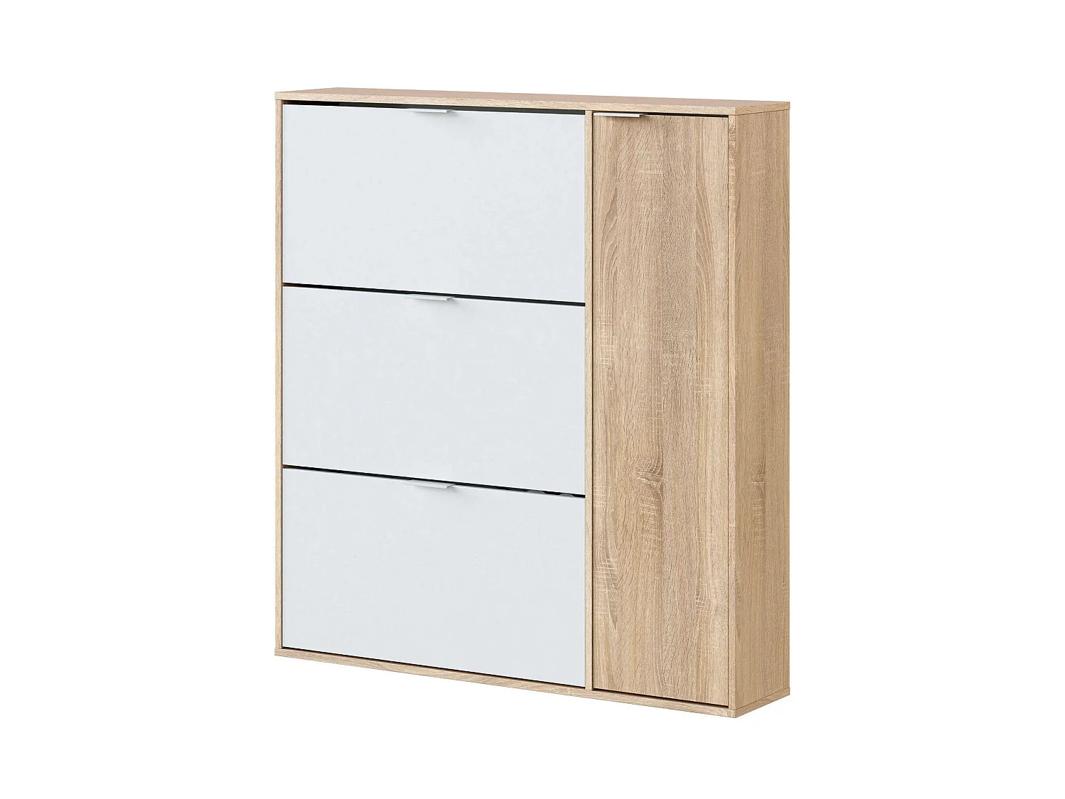 Étagère à chaussures Provo, armoire à chaussures 4 portes, armoire basse polyvalente avec 5 étagères, étagère à chaussures moderne, 106x22h115 cm, chêne et blanc