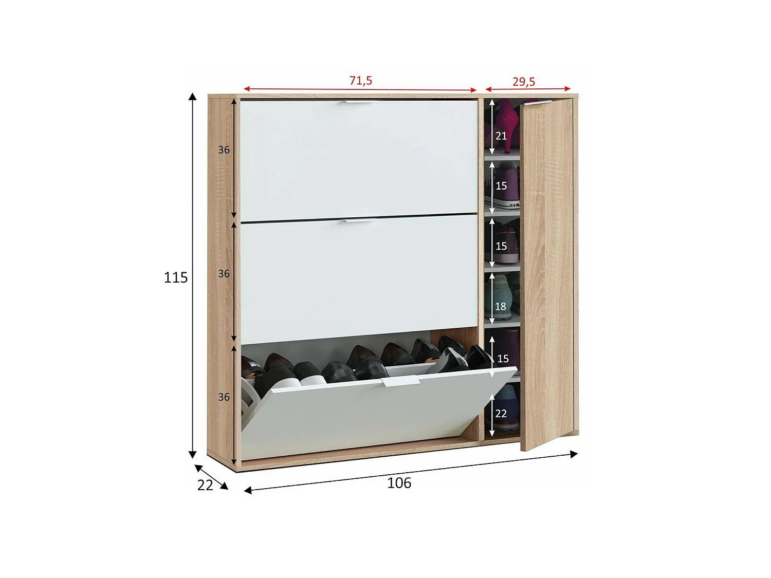 Étagère à chaussures Provo, armoire à chaussures 4 portes, armoire basse polyvalente avec 5 étagères, étagère à chaussures moderne, 106x22h115 cm, chêne et blanc