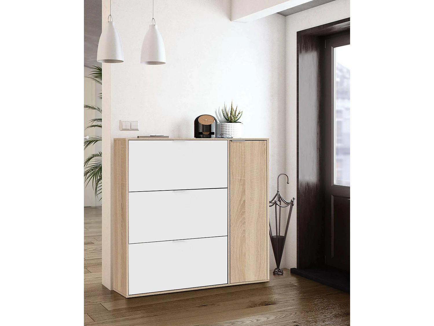 Étagère à chaussures Provo, armoire à chaussures 4 portes, armoire basse polyvalente avec 5 étagères, étagère à chaussures moderne, 106x22h115 cm, chêne et blanc