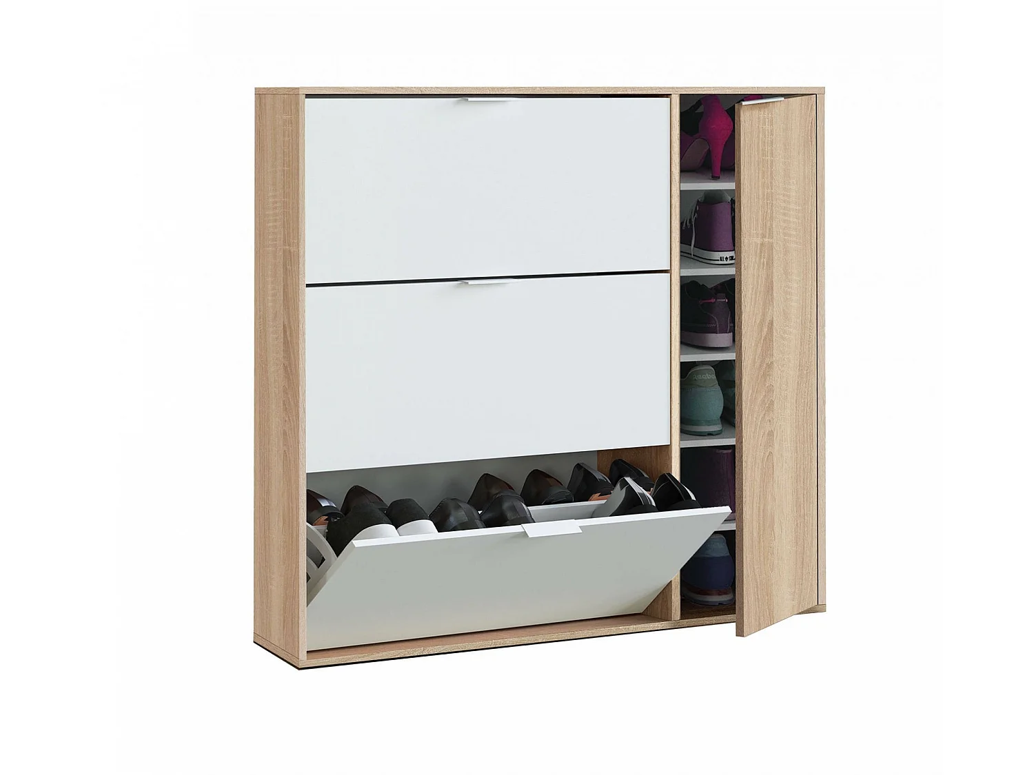 Étagère à chaussures Provo, armoire à chaussures 4 portes, armoire basse polyvalente avec 5 étagères, étagère à chaussures moderne, 106x22h115 cm, chêne et blanc