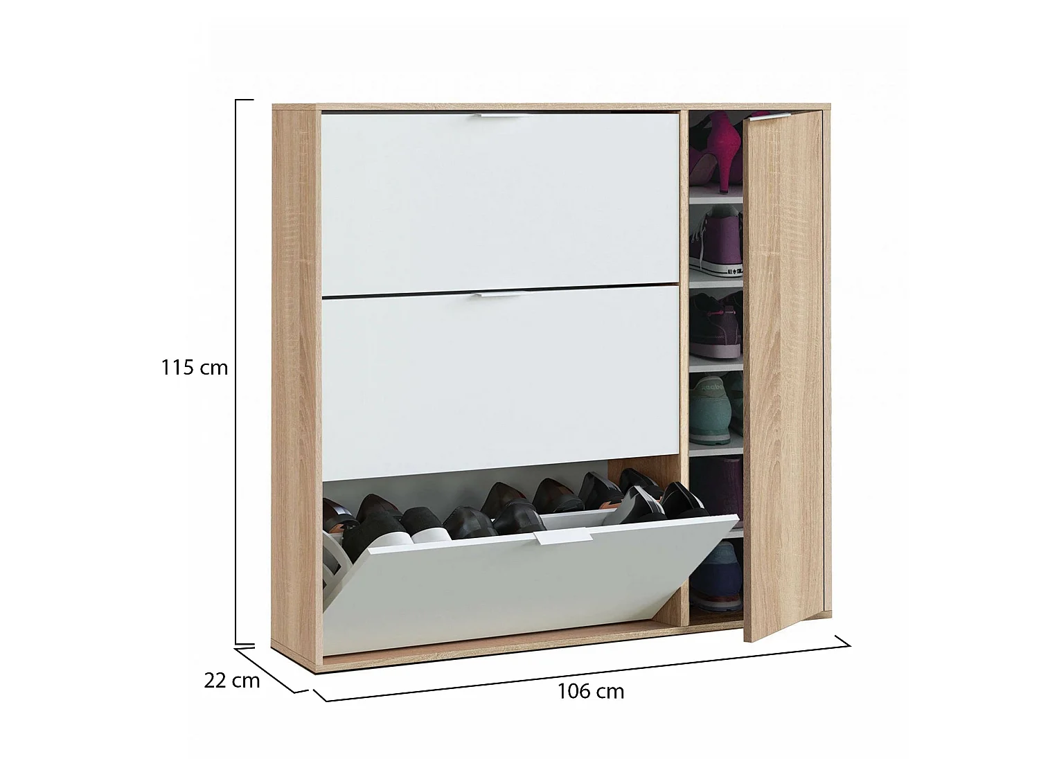 Étagère à chaussures Provo, armoire à chaussures 4 portes, armoire basse polyvalente avec 5 étagères, étagère à chaussures moderne, 106x22h115 cm, chêne et blanc