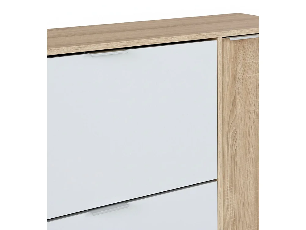 Étagère à chaussures Provo, armoire à chaussures 4 portes, armoire basse polyvalente avec 5 étagères, étagère à chaussures moderne, 106x22h115 cm, chêne et blanc