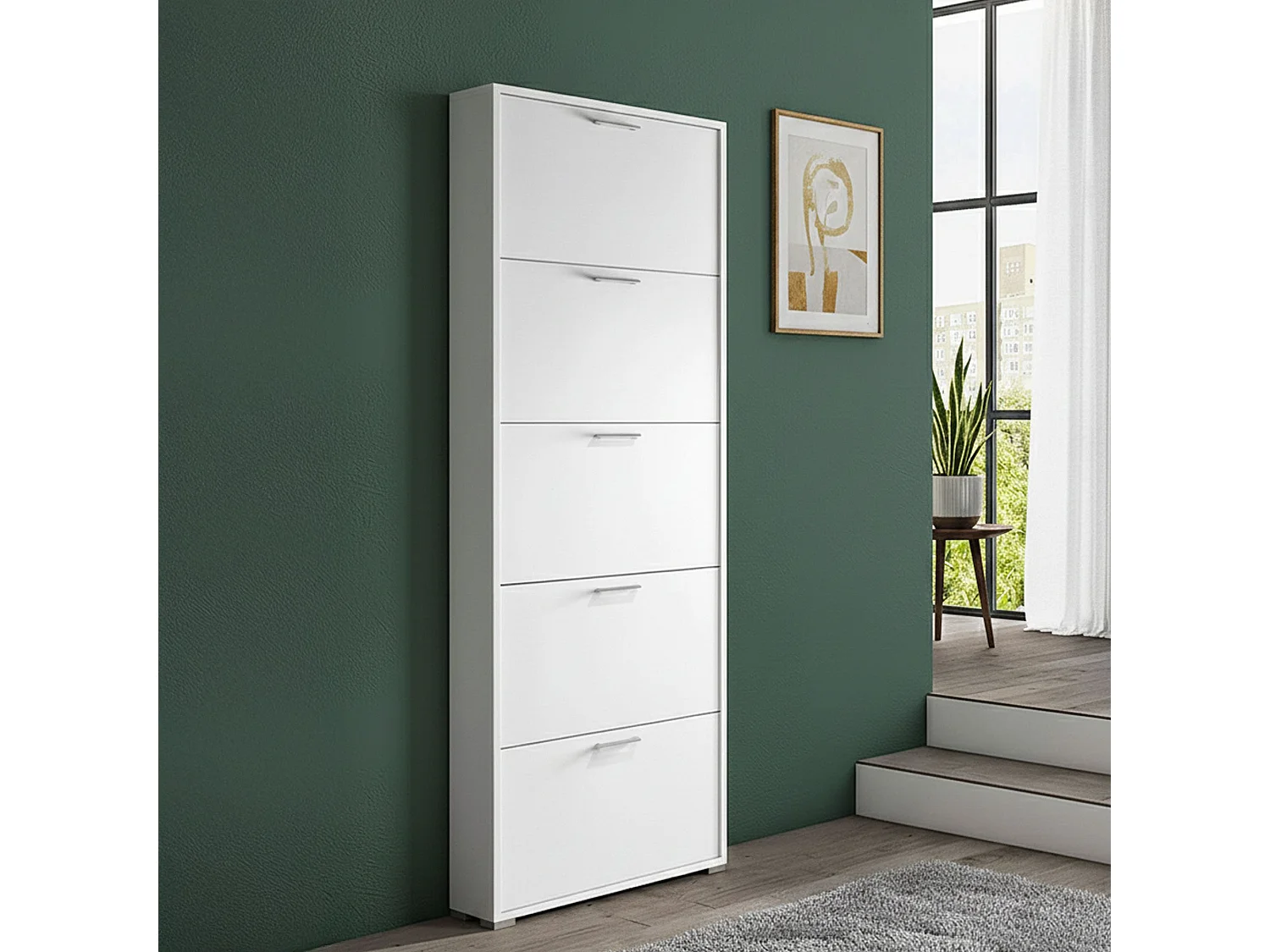 Étagère à chaussures Margherita, Meuble d'entrée polyvalent avec 5 portes pliantes, Meuble à chaussures moderne, 100% Made in Italy, 67x18h184 cm, Blanc