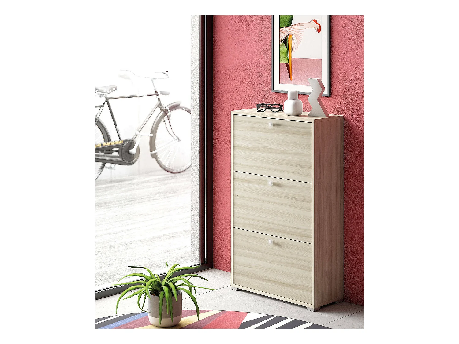 Schuhregal Peonia, Mehrzweck-Eingangsmöbel mit 3 Falttüren, Schuhschrank mit doppelter Tiefe, 100 % Made in Italy, 67 x 28 x 112 cm, Olmo,