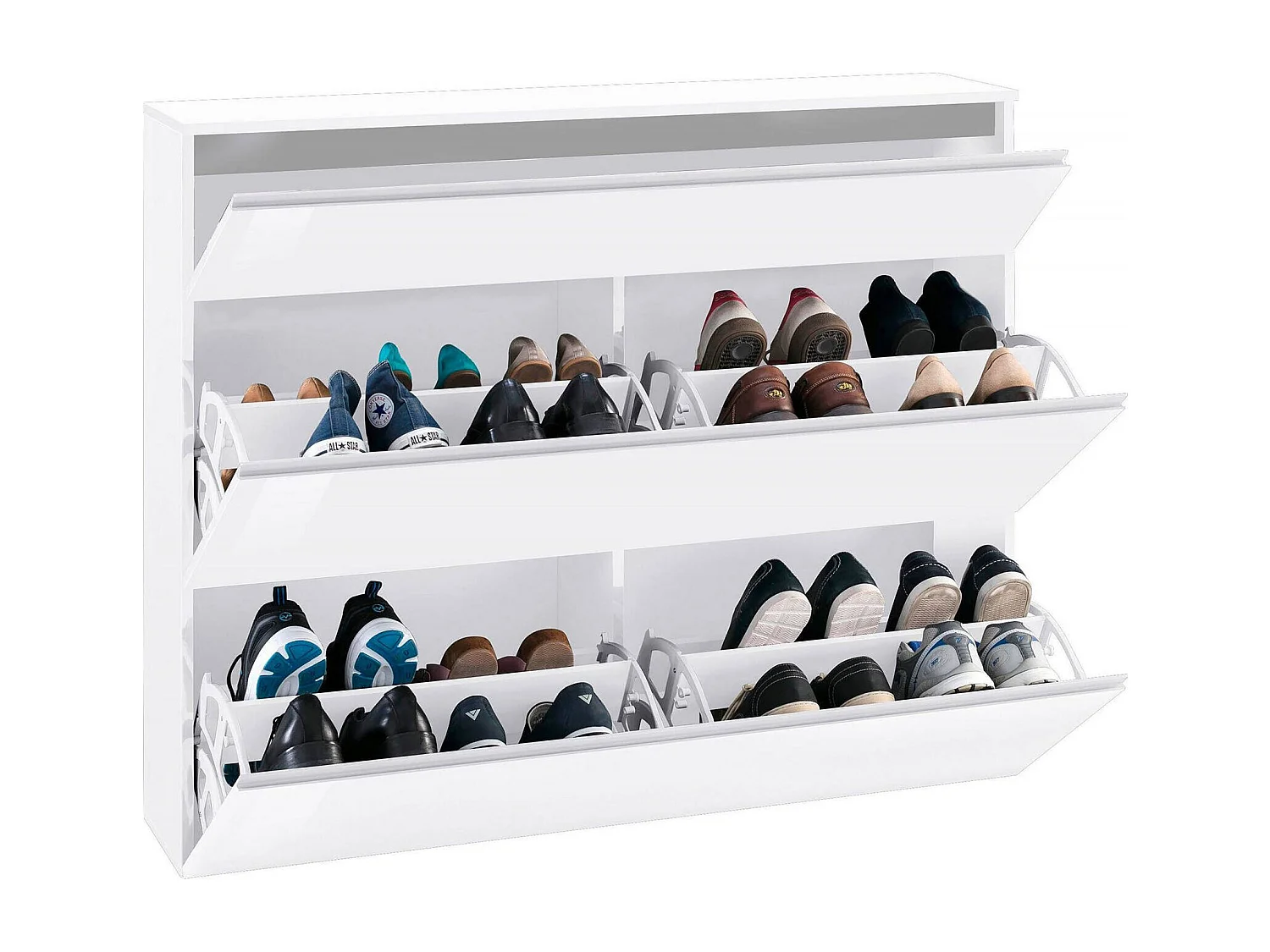 Étagère à chaussures Piero, Armoire polyvalente avec 2 portes et 1 porte abattante, Étagère à chaussures d'entrée, 100% Made in Italy, 120x27h108 cm, Blanc brillant