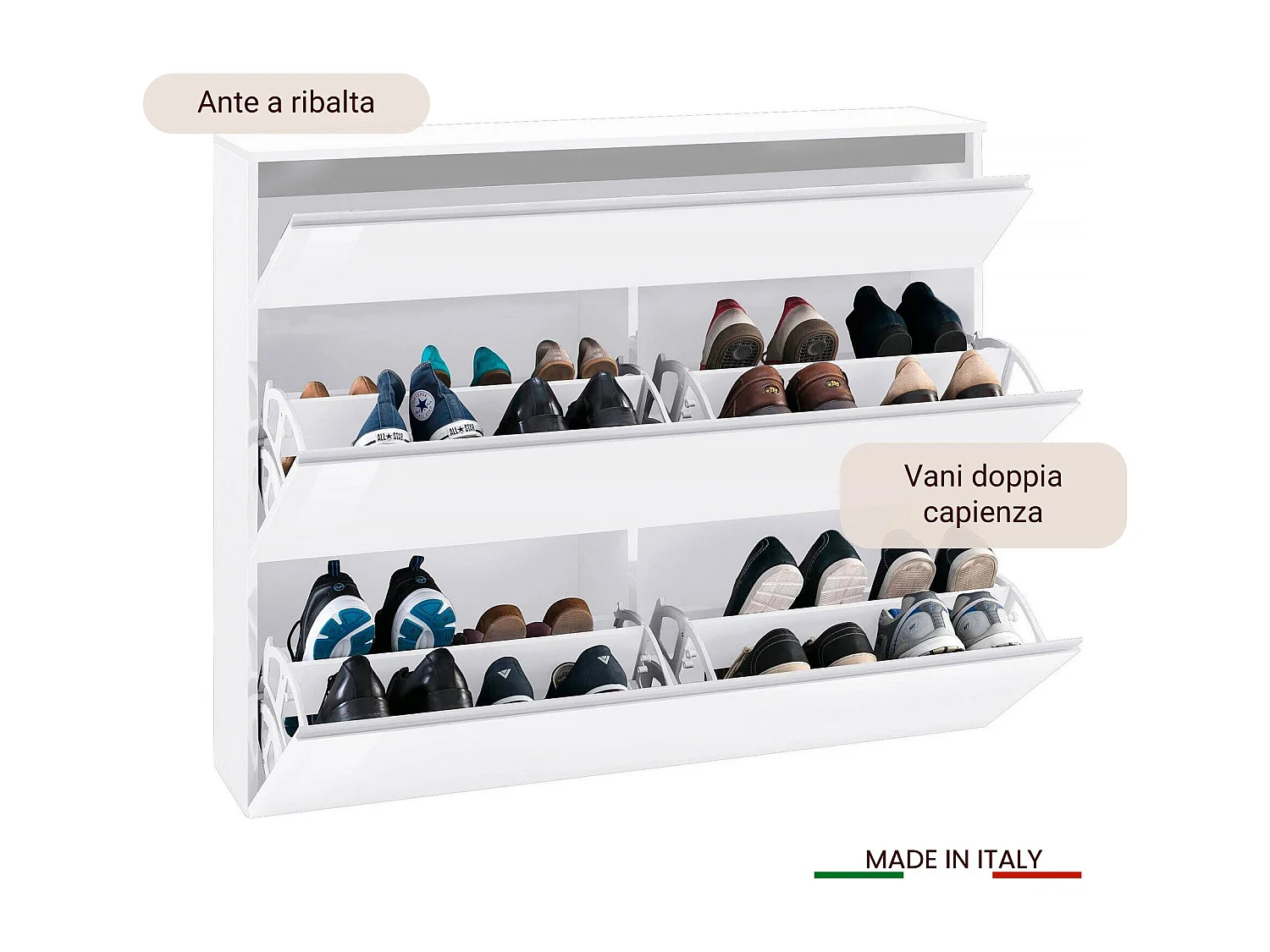 Étagère à chaussures Piero, Armoire polyvalente avec 2 portes et 1 porte abattante, Étagère à chaussures d'entrée, 100% Made in Italy, 120x27h108 cm, Blanc brillant