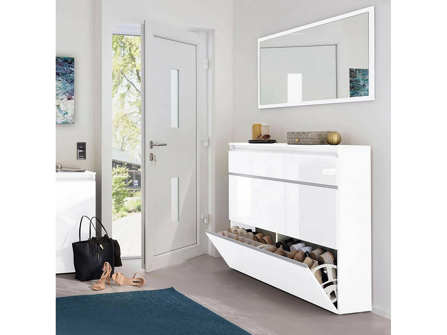 Étagère à chaussures Piero, Armoire polyvalente avec 2 portes et 1 porte abattante, Étagère à chaussures d'entrée, 100% Made in Italy, 120x27h108 cm, Blanc brillant