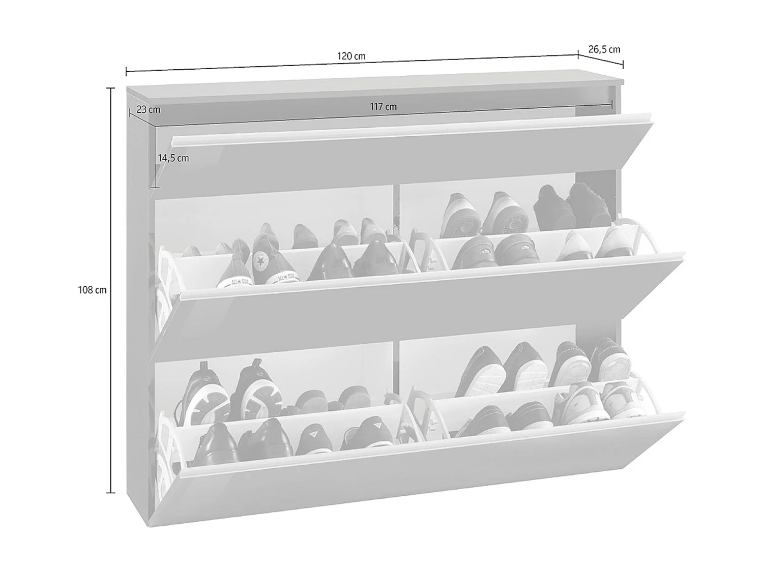 Sapateira Piero, Armário multiuso com 2 portas e 1 porta basculante, Sapateira de entrada, 100% Fabricado na Itália, 120x27h108 cm, Branco brilhante