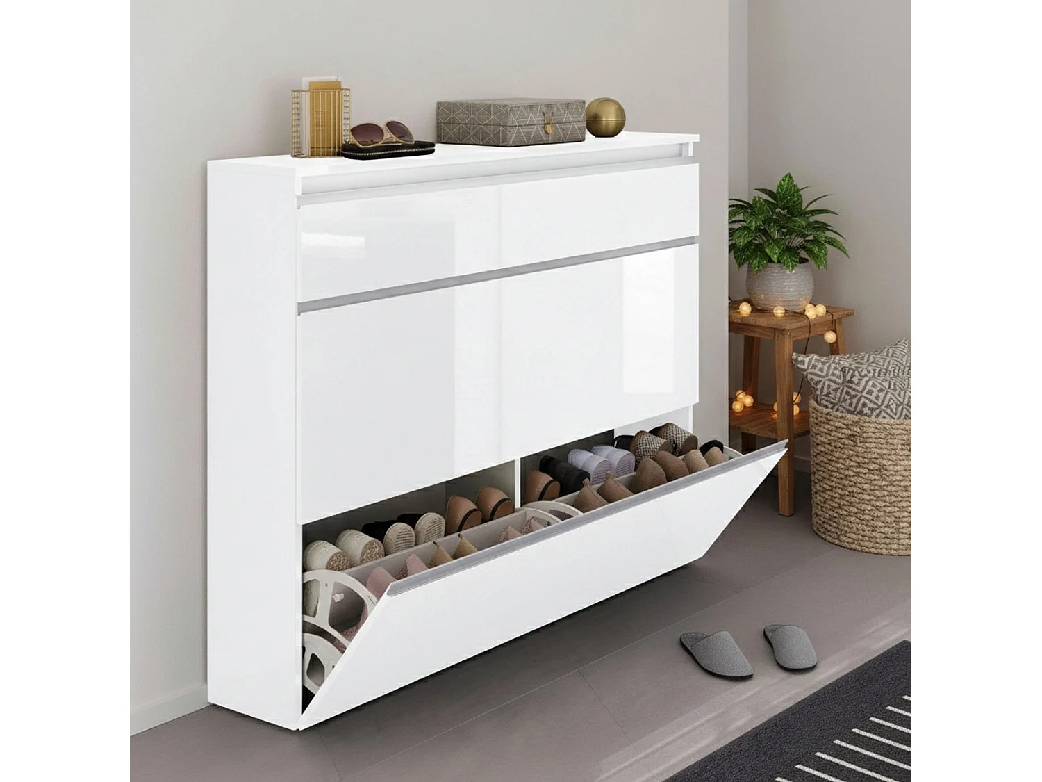 Étagère à chaussures Piero, Armoire polyvalente avec 2 portes et 1 porte abattante, Étagère à chaussures d'entrée, 100% Made in Italy, 120x27h108 cm, Blanc brillant