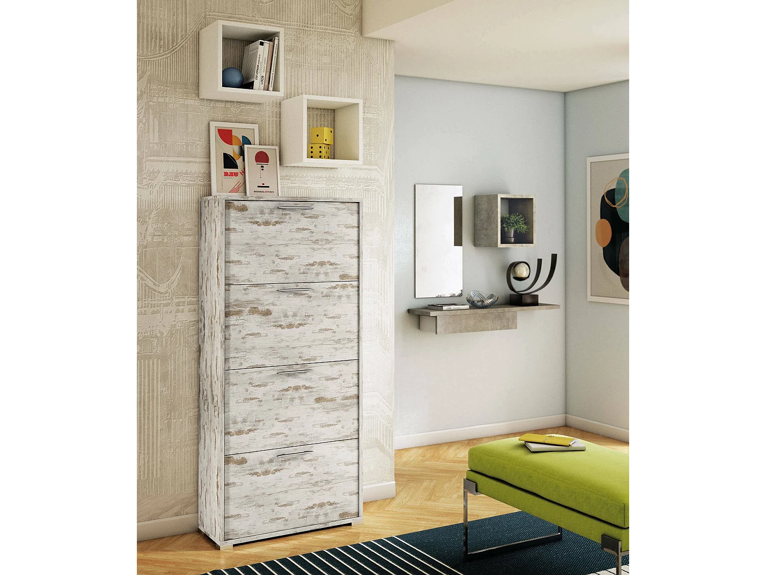 Sapateira rosa, Móvel de entrada multiuso com 4 portas sanfonadas, Sapateira de dupla profundidade, 100% Fabricado na Itália, 67x28h147 cm, Vintage