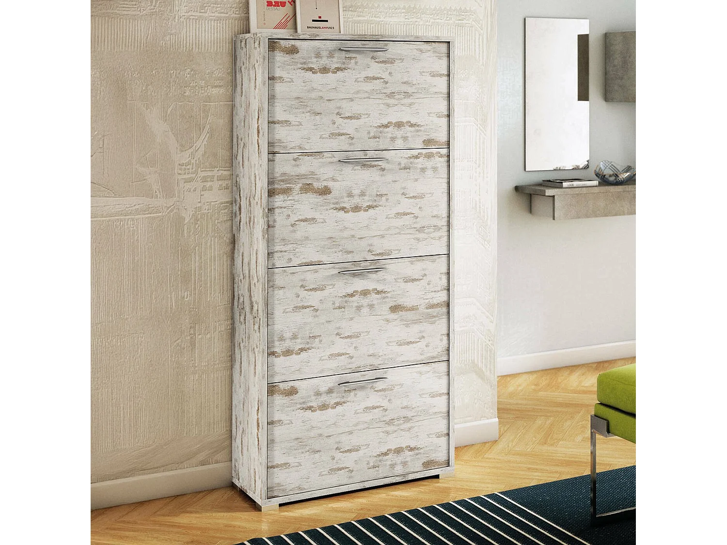 Sapateira rosa, Móvel de entrada multiuso com 4 portas sanfonadas, Sapateira de dupla profundidade, 100% Fabricado na Itália, 67x28h147 cm, Vintage