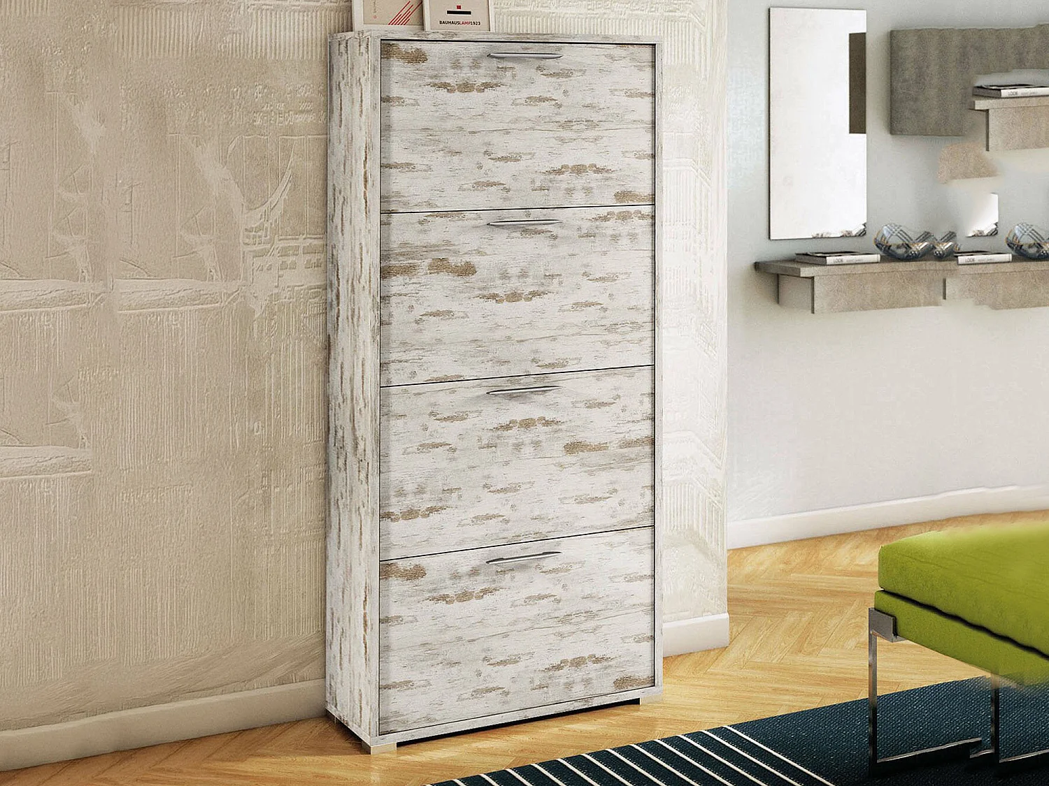 Sapateira rosa, Móvel de entrada multiuso com 4 portas sanfonadas, Sapateira de dupla profundidade, 100% Fabricado na Itália, 67x28h147 cm, Vintage