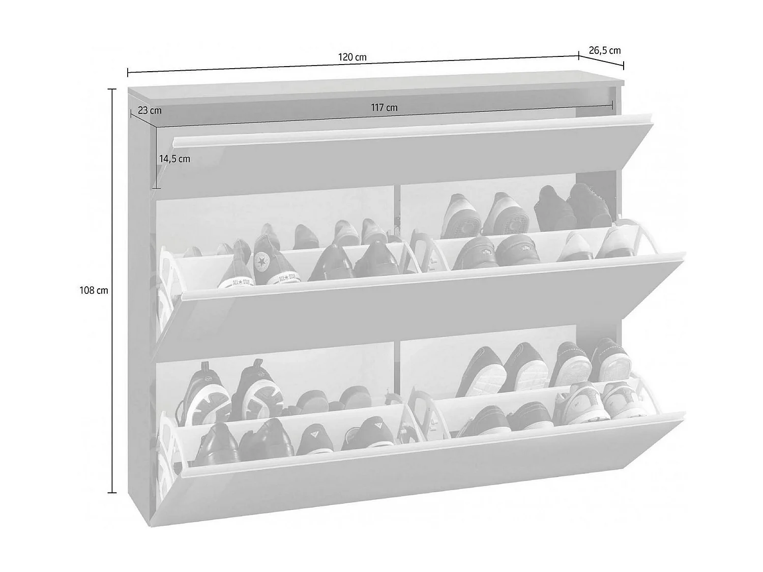 Schuhregal Piero, Mehrzweckschrank mit 2 Türen und 1 Klapptür, Schuhregal für den Eingangsbereich, 100 % Made in Italy, 120 x 27 x 108 cm, glänzendes Anthrazit,