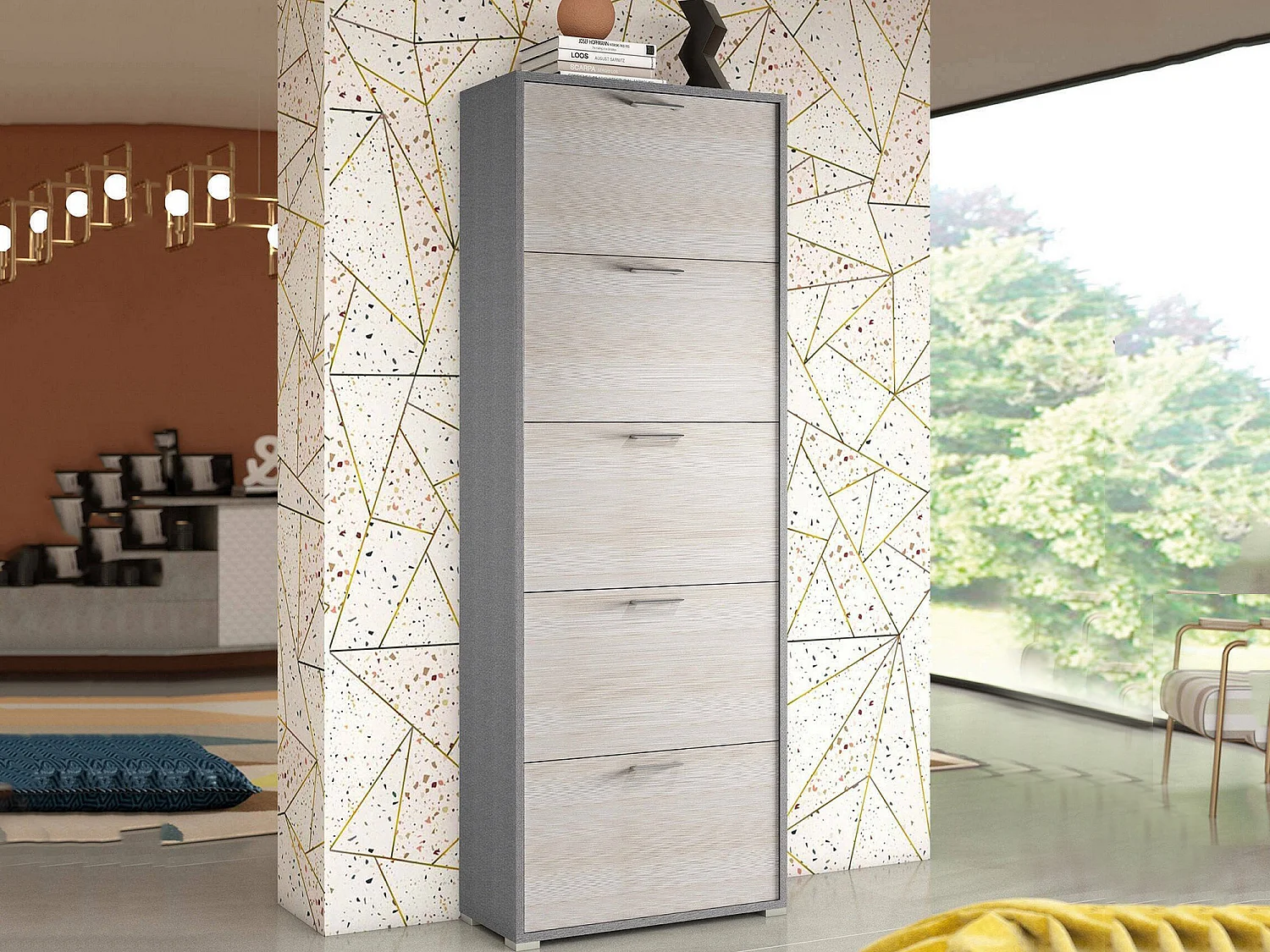 Dmora Schoenenkast Surfinia 28x67x183h cm Bruin Lariks 30 Paar 10 Vakken, Schoenopberger 5 Deuren Made in Italy
