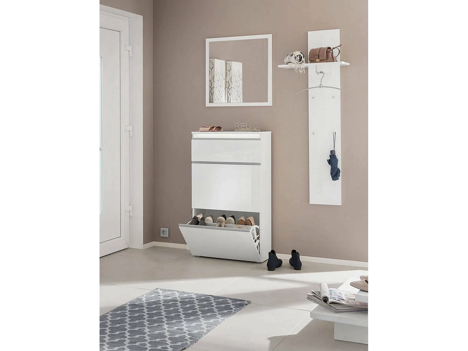 Étagère à chaussures Paco, Armoire polyvalente avec 2 portes et 1 porte pliante, Étagère à chaussures d'entrée, 100% Made in Italy, 60x27h108 cm, Blanc brillant