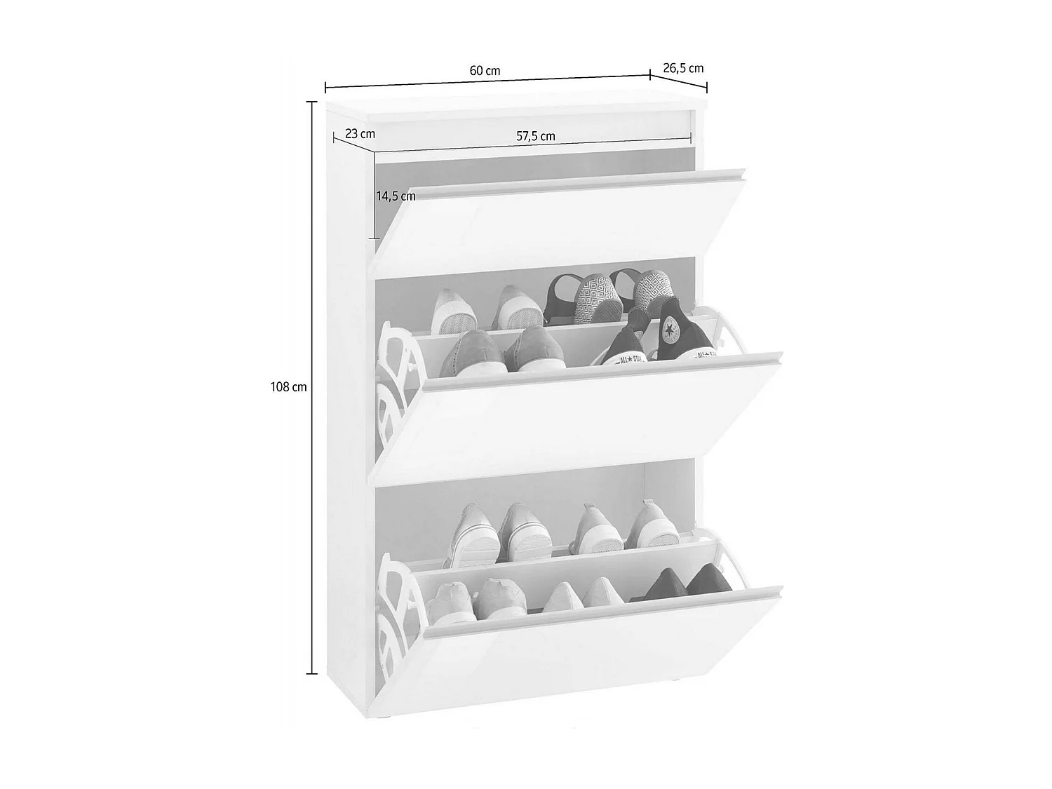 Étagère à chaussures Paco, Armoire polyvalente avec 2 portes et 1 porte pliante, Étagère à chaussures d'entrée, 100% Made in Italy, 60x27h108 cm, Blanc brillant