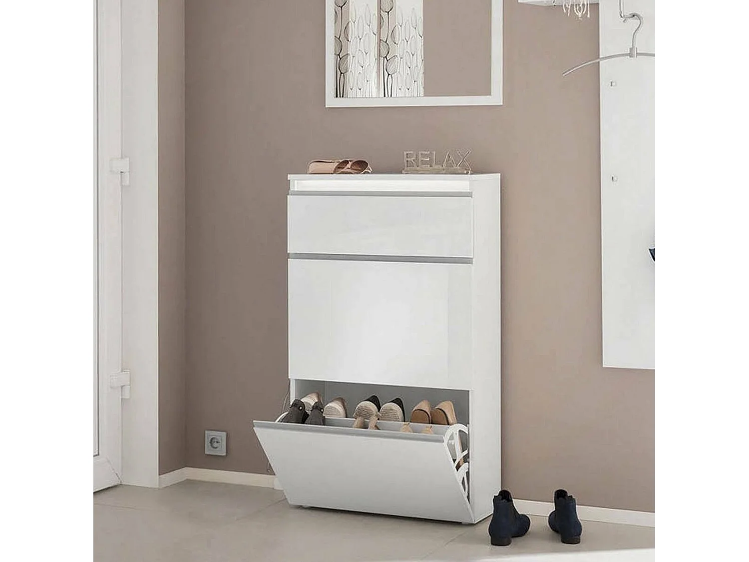 Étagère à chaussures Paco, Armoire polyvalente avec 2 portes et 1 porte pliante, Étagère à chaussures d'entrée, 100% Made in Italy, 60x27h108 cm, Blanc brillant