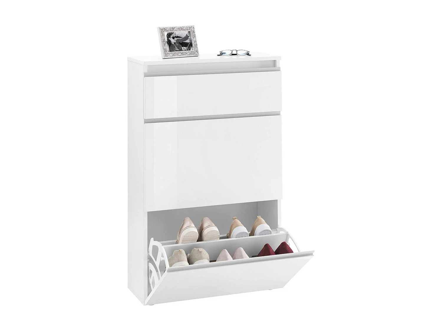 Étagère à chaussures Paco, Armoire polyvalente avec 2 portes et 1 porte pliante, Étagère à chaussures d'entrée, 100% Made in Italy, 60x27h108 cm, Blanc brillant