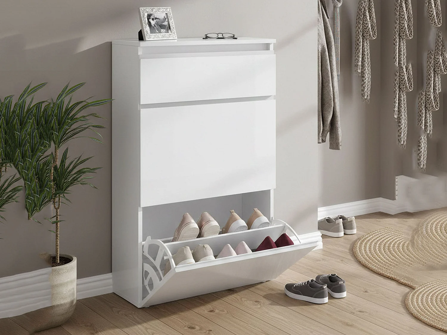 Étagère à chaussures Paco, Armoire polyvalente avec 2 portes et 1 porte pliante, Étagère à chaussures d'entrée, 100% Made in Italy, 60x27h108 cm, Blanc brillant