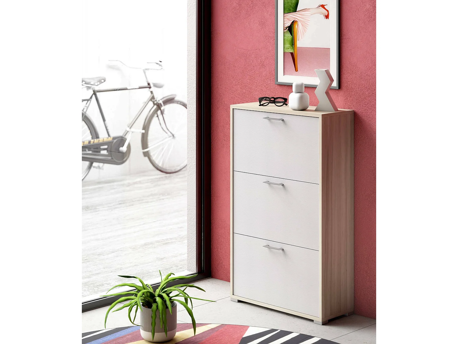 Peonia Schoenenrek, Multifunctioneel entreemeubel met 3 vouwdeuren, Schoenenkast met dubbele diepte, 100% Made in Italy, 67x28h112 cm, Wit en Elm